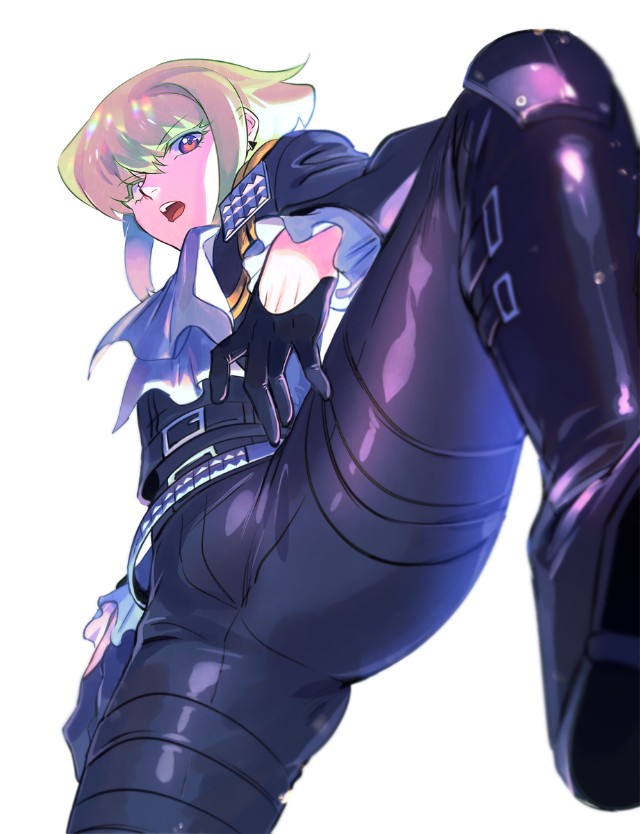 1boy boots bulge clothed from_below gloves green_hair lio_fotia looking_at_viewer looking_down looming low-angle_view male male_focus male_only promare solo stepped_on tight_clothing worm's-eye_view