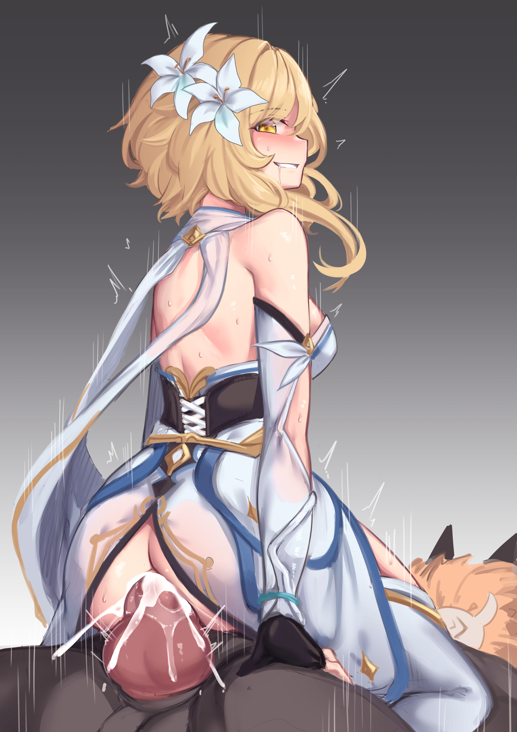 1boy, 1girls, amazon position, blonde hair, dark-skinned male, female, genshin impact, hilichurls (species), interspecies, lumine (genshin impact), male, monster, pussy, vaginal penetration, yellow eyes