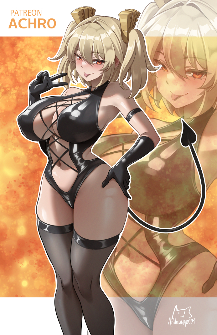 1girls, achromaru, black gloves, black leotard, black thighhighs, blonde hair, blush, breasts, burnice white, cleavage, clothing cutout, curvy, demon tail, female, female only, gloves, hair ornament, hand on own hip, large breasts, leotard, narrow waist, navel, red eyes, short twintails, solo, standing, stomach, tail, thighhighs, thighs, tongue, tongue out, twintails, v, wide hips, zenless zone zero, zoom layer
