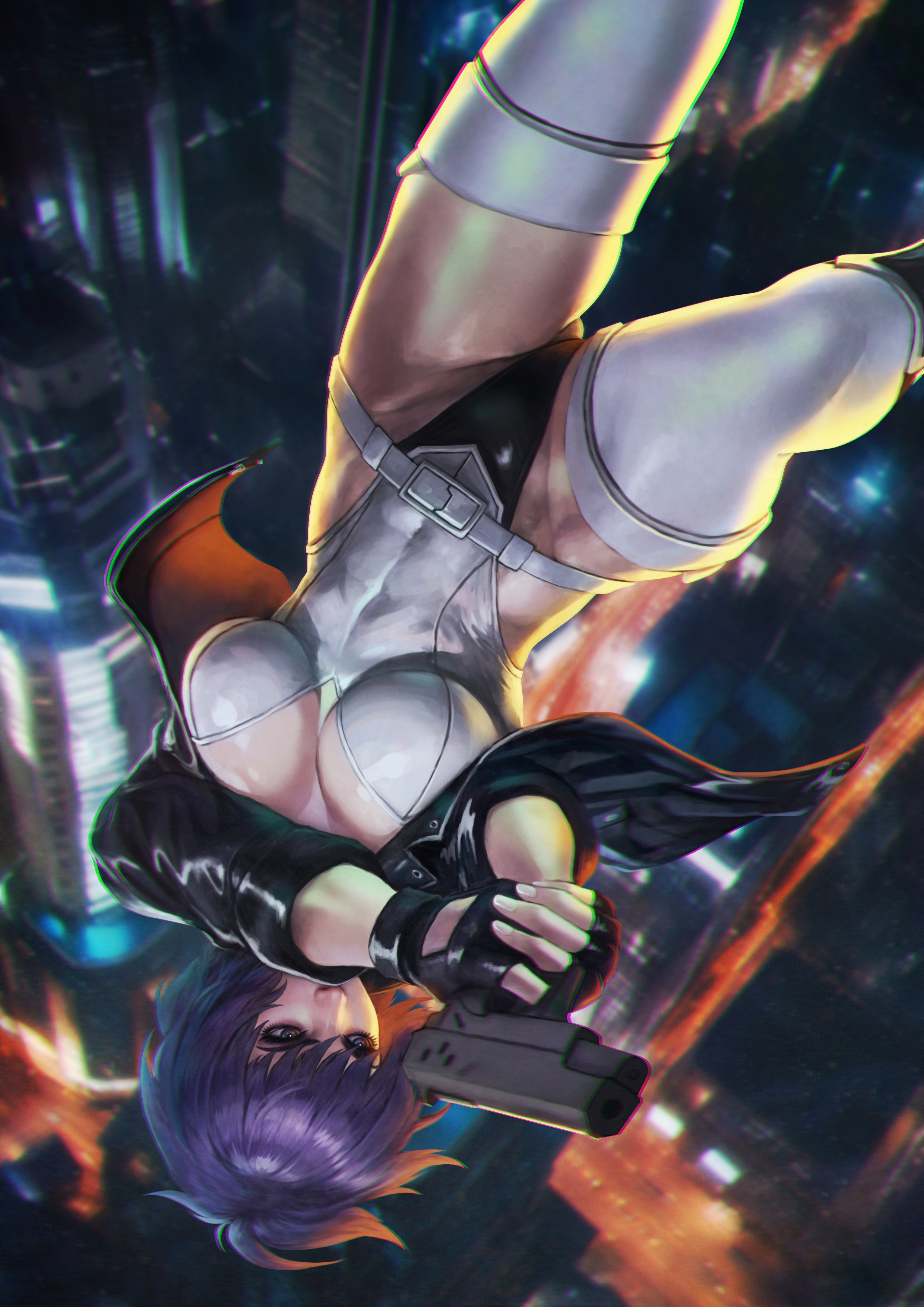 2024, absurdres, aiming, ass visible through thighs, belt, black gloves, black jacket, blurry, blurry background, breasts, building, city, commentary, covered mouth, covered navel, english commentary, falling, female, finger on trigger, fingerless gloves, ghost in the shell, ghost in the shell stand alone complex, ghost in the shell: stand alone complex, gloves, grey belt, grey leotard, grey thighhighs, gun, handgun, highleg, highleg leotard, highres, holding, holding gun, holding weapon, jacket, kusanagi motoko, large breasts, leather, leather jacket, leotard, monori rogue, monorirogue, night, open clothes, open jacket, outstretched arms, paid reward available, purple eyes, purple hair, short hair, solo, thighhighs, upside-down, weapon