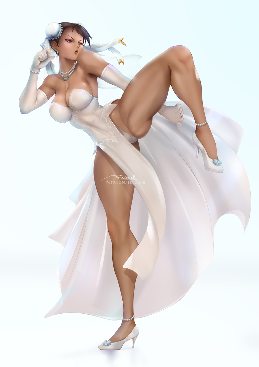 anklet, artist name, artist signature, big breasts, bracelet, breasts, bride, brown eyes, brown hair, capcom, chun-li, clothed, collar, double bun, eyeshadow, felox08, female, gloves, high heels, light blue background, makeup, patreon username, pearl necklace, revealing clothes, short hair, street fighter, thick thighs, thighs, veil, wedding dress, white background, white clothing