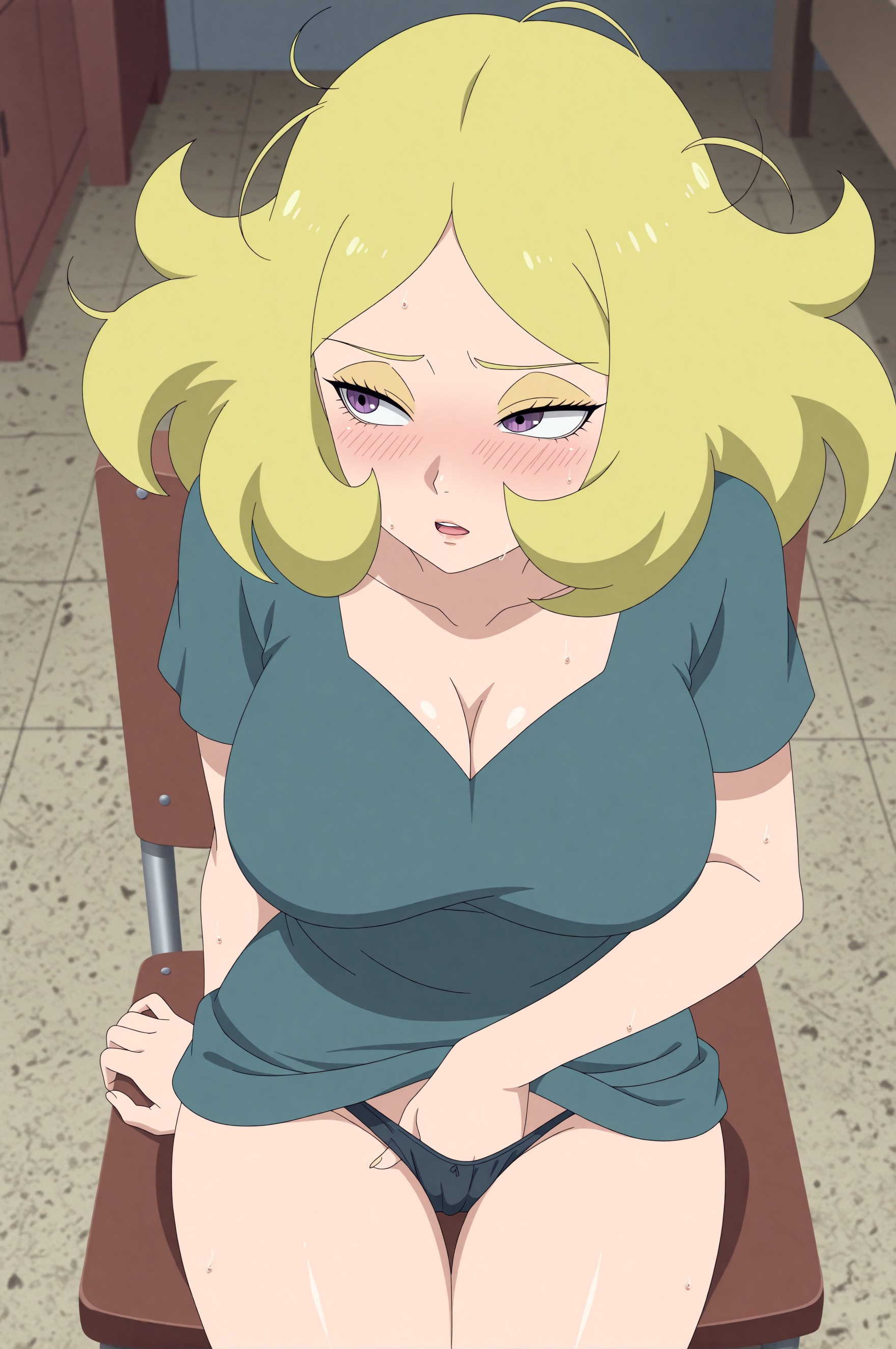 ai generated, blonde female, blonde hair, blush, boruto: naruto next generations, cleavage, clothed, clothed female, delta (boruto), eyeshadow, female, female only, fingering, fingering self, forehead mark, hand in panties, masturbation, messy hair, naruto, naruto (series), only shirt, pink eyes, pussy, shirt, sitting, sitting on chair, sweat, sweatdrop, sweating, touching pussy, touching self, yellow eyeshadow