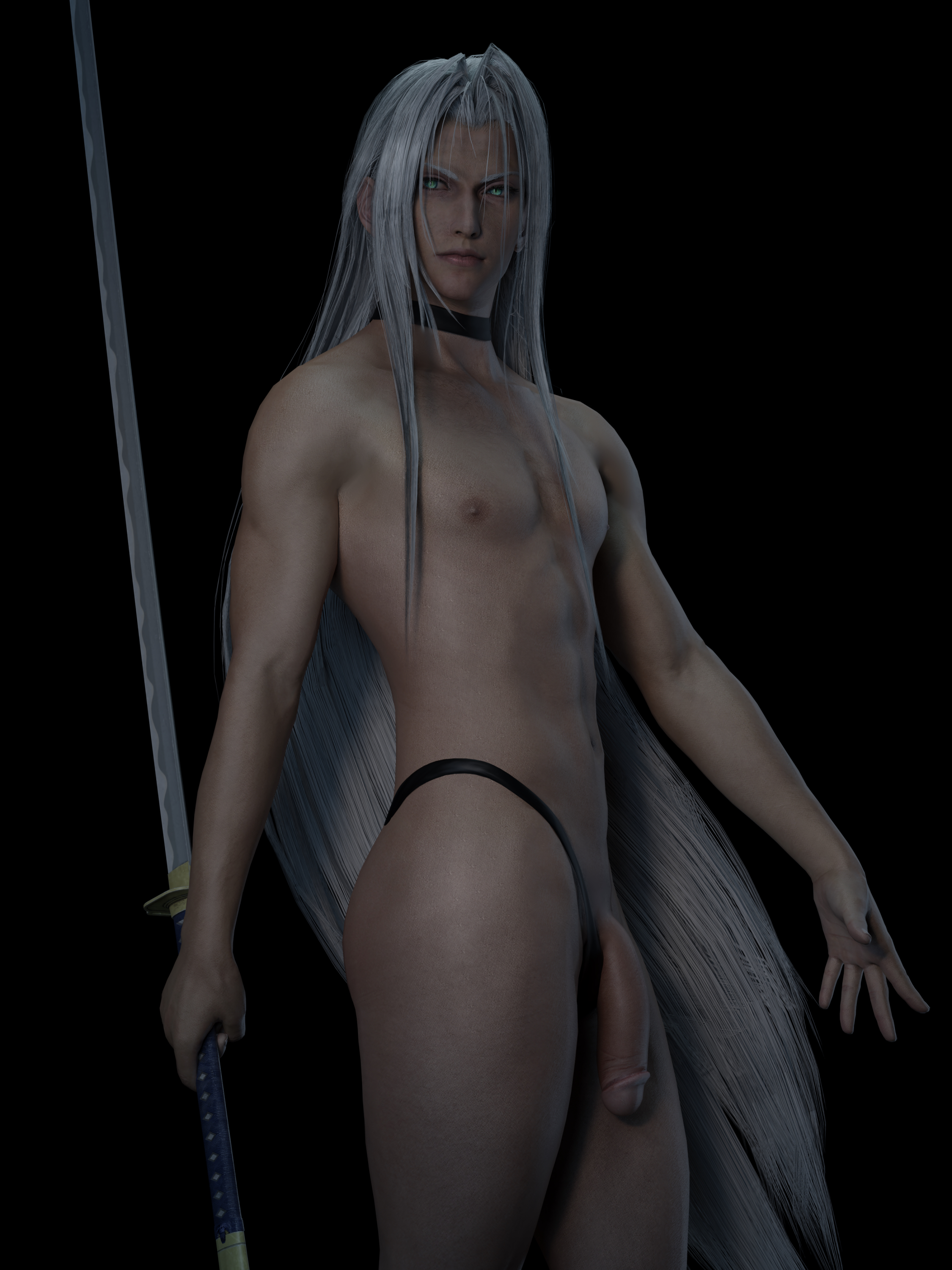 1boy, 3d, androgynous, choker, emberstock, femboy, final fantasy, final fantasy vii, final fantasy vii remake, flaccid, girly, highleg, large penis, long hair, male, male only, muscular, nipples, penis, sephiroth, silver hair, solo, sword, thong, trap, weapon, yaoi