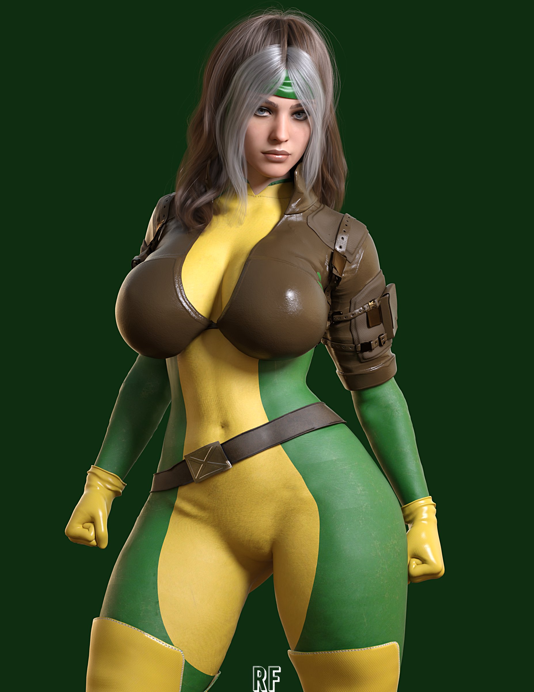 1girls, 3d, belt, blue eyes, bodysuit, breasts, brown hair, cleavage, clenched fist, clothed, female, female only, gloves, hairband, large breasts, long hair, looking at viewer, marvel, marvel comics, plain background, rogue (x-men), rude frog, skin tight, solo, superheroine, thick, thick eyebrows, thick thighs, two-tone hair, white hair, x-men