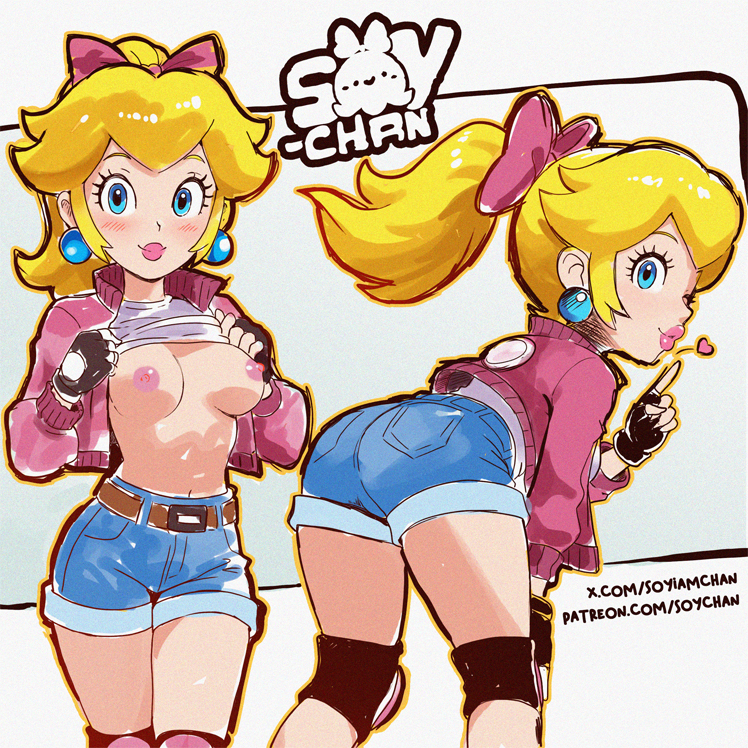 1girls, blonde hair, blue eyes, breasts, female, female only, light skin, light-skinned female, mario (series), mario kart, mario kart world, nintendo, nipples, official alternate costume, princess peach, princess peach (touring), shorts, solo, soy-chan, super mario bros.