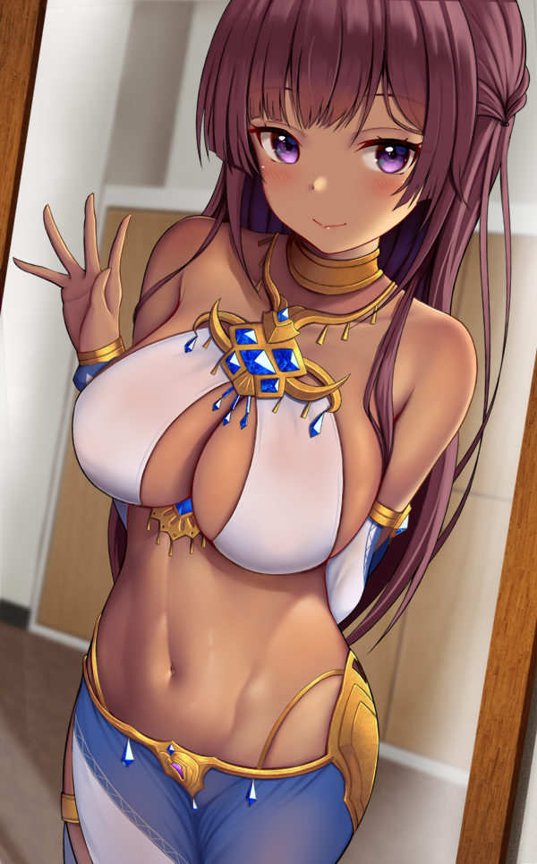 alice_gear_aegis bangs bare_shoulders blush breasts brown_hair choker cleavage commission dancer_outfit dark-skinned_female dark_skin detached_sleeves fatima_betrorum harem_outfit jewelry large_breasts long_hair looking_at_viewer midriff mirror navel purple_eyes sidelocks smile solo standing thighlet zukky