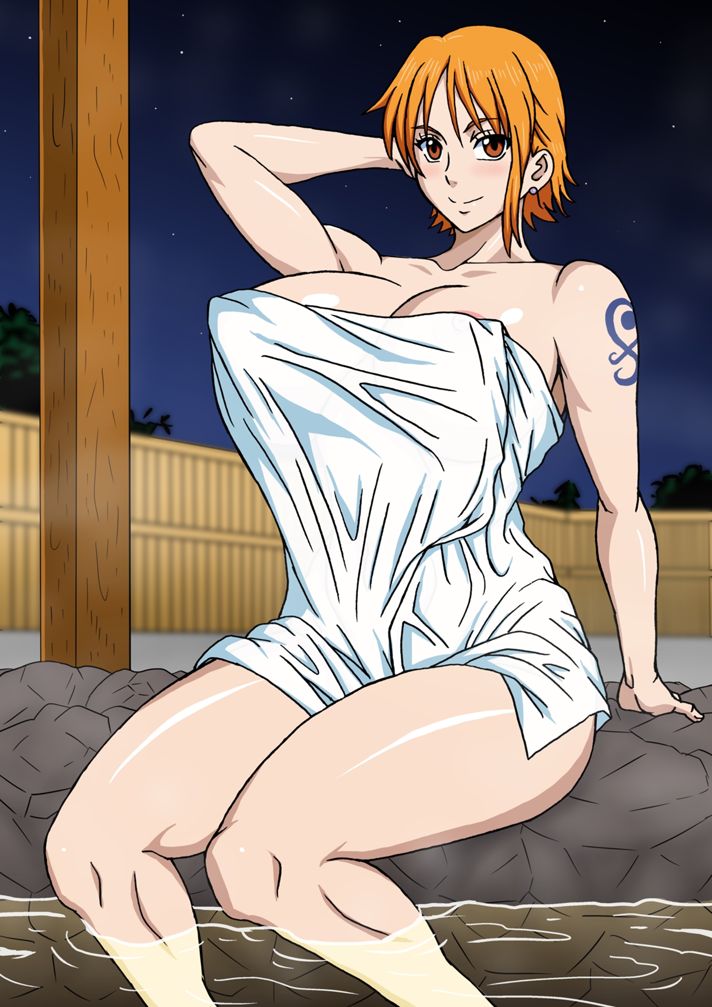 big breasts, blush, breasts, brown eyes, earrings, female, female focus, female only, hot spring, large breasts, nami (one piece), naruho, night, one piece, onsen, orange hair, short hair, sitting, smile, tattoo, thick thighs, towel, water