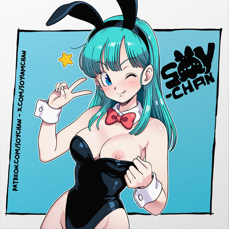 1girls, blue hair, breasts, bulma (bunny), bulma briefs, bulma briefs (dragon ball), bunny ears, bunnysuit, dragon ball, dragon ball (classic), female, female only, light skin, light-skinned female, long hair, nipple slip, nipples, one breast out, one eye closed, peace sign, shonen jump, shounen jump, solo, soy-chan, teenage bulma, teenage female, teenager, toei animation, weekly shonen jump, weekly shounen jump, wink