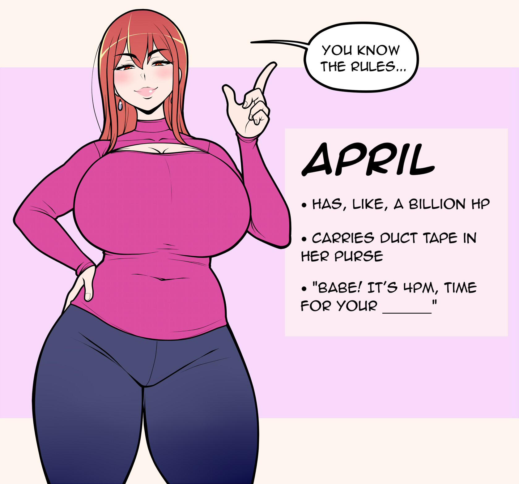 1girls, april (jam-orbital), breasts, earrings, english text, female, grey pants, hand on hip, jam-orbital, large breasts, long hair, looking at viewer, milf, mommy, mommy dom, original, pants, pink hair, purple shirt, red eyes, shirt, tagme, text