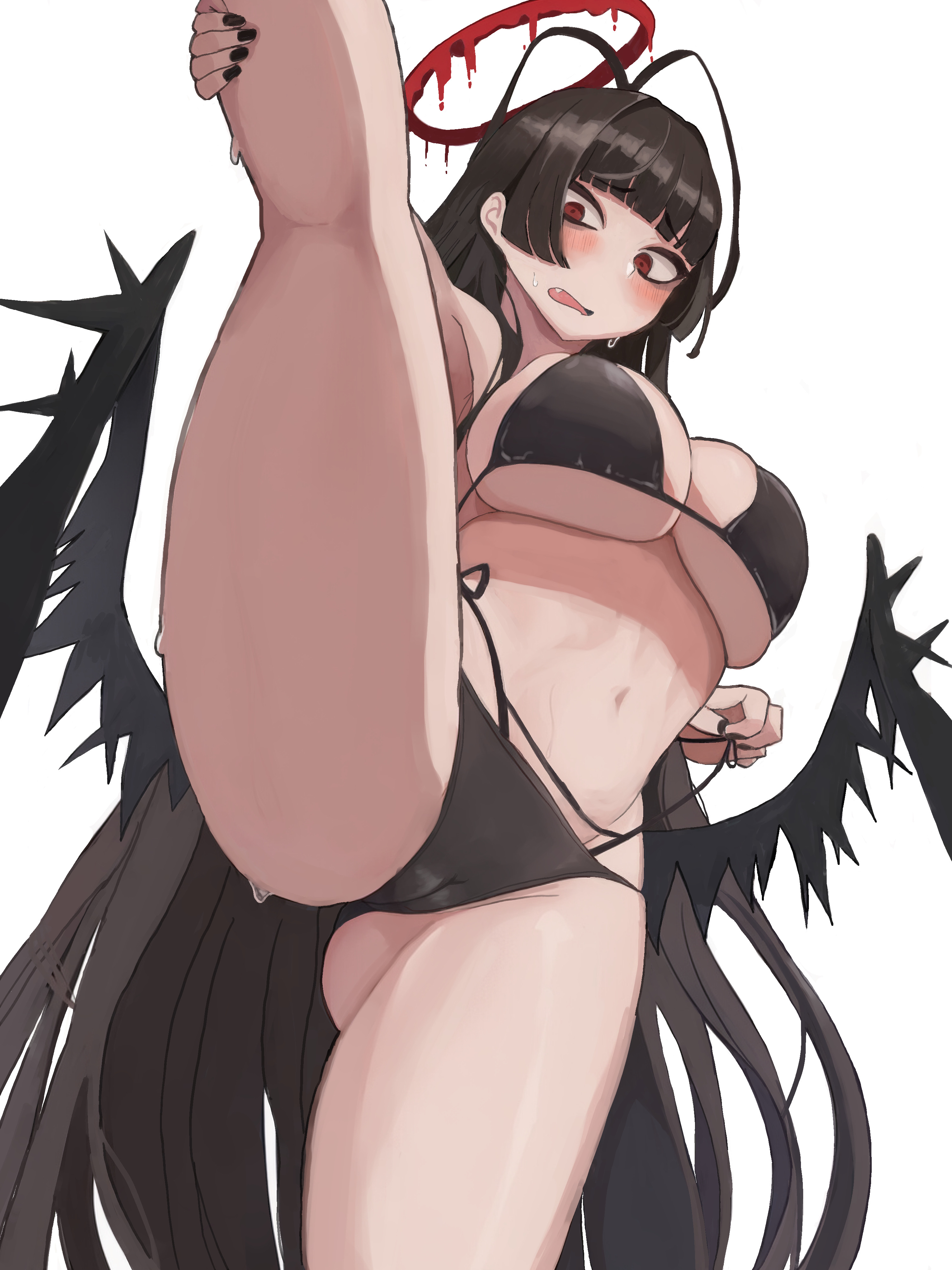 bikini, black bikini, black bikini bottom, black bikini top, black feathers, black wings, blood halo, blue archive, blush, blushing, breasts, clothed, covered breasts, embarrassed, fallen angel wings, feathered wings, female, female only, grabbing legs, halo, large breasts, legs up, looking back, non nude, red eyes, tsurugi (blue archive)