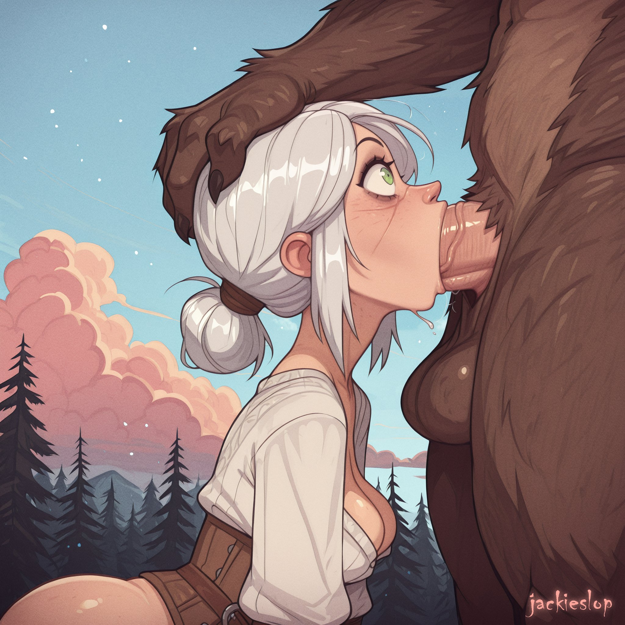ai generated, ass, balls, big ass, blowjob, breasts, bubble ass, bubble butt, ciri, curvy female, fellatio, female, green eyes, head grab, jackieslop, light skin, light-skinned female, male, mascara, monster, oral, oral sex, outdoors, penis, scar, sucking penis, surprised expression, testicles, the witcher (series), the witcher 3: wild hunt, werewolf, white hair