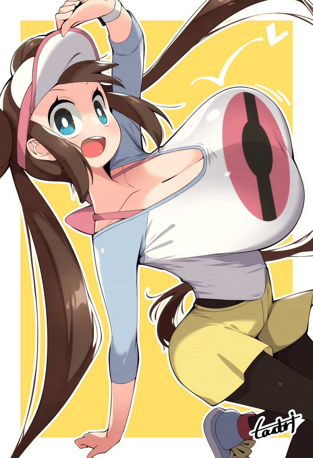 1girls big_breasts blue_eyes breasts brown_hair donut_hair_bun female hair_bun highres huge_breasts nintendo pokemon pokemon_bw2 rosa_(pokemon) solo toudori twintails