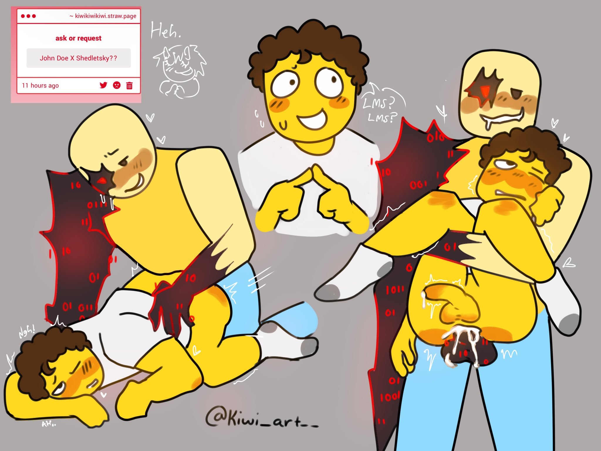 2boys, anal, anal sex, black arm, brown hair, curly hair, duo, fingers together, forsaken (roblox), gay, john doe (forsaken), john doe (roblox), kiwi art , male, nervous, nervous smile, no pants, red eye, request, roblox, roblox game, robloxian, shedletsky, shedletsky (forsaken), smile, smiling, standing, strawpage request, sweat, sweating, twitter username, white shirt, worried, worried expression, yellow body, yellow skin