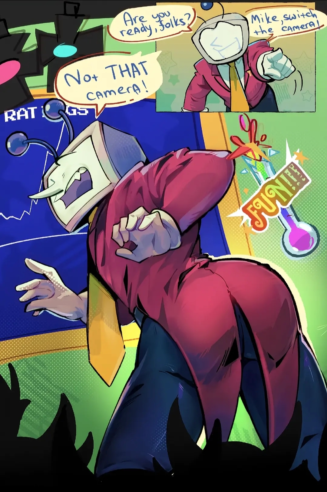 1boy, ass, ass focus, clothed, comic, deltarune, deltarune chapter 3, english text, fully clothed, indoors, male, male only, no sex, open mouth, sharp teeth, smiling, solo, solo focus, stage, surprised, tagme, tenna (deltarune), text, text bubble, tv head