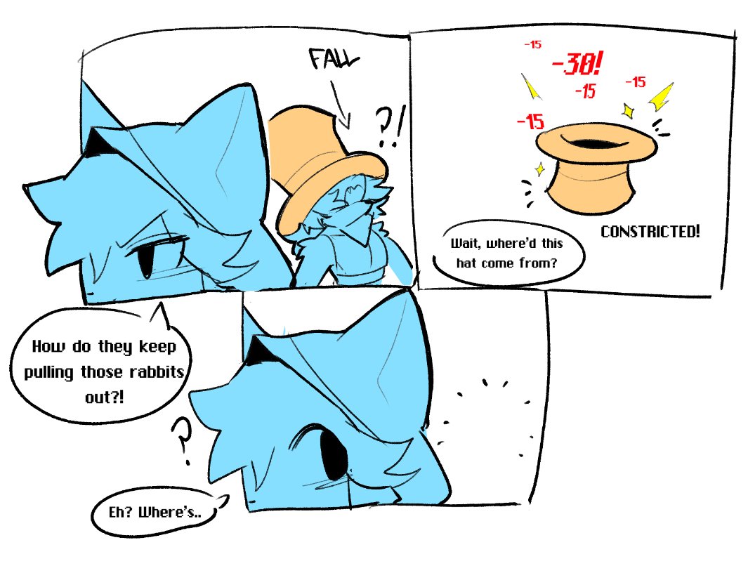2boys, 2d, animal ears, blank background, damage numbers, dialogue, enemy conversion, gameplay mechanics, gender transformation, hat, magician hat, panels, shiyaa stuff, sketch, tagme, text