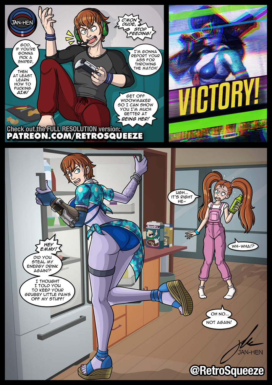 angry, bikini, butt shot, cameo, comic, energy drink, feet, floral print, gamer, gamer rage, gaming, gender bender, gender transformation, genderbent, head swap, headswap, high heel sandals, high heels, jan-hen, kitchen, m2f, mtf transformation, nail polish, ollie (retrosqueeze), overwatch, purple skin, reality shift, reality warping, refrigerator, retrosqueeze, rule 63, sandals, tattoo, tattooed arm, tattoos, transformation, tsf, unaware, video game, video game character, video game franchise, video games, wedge heels, widowmaker