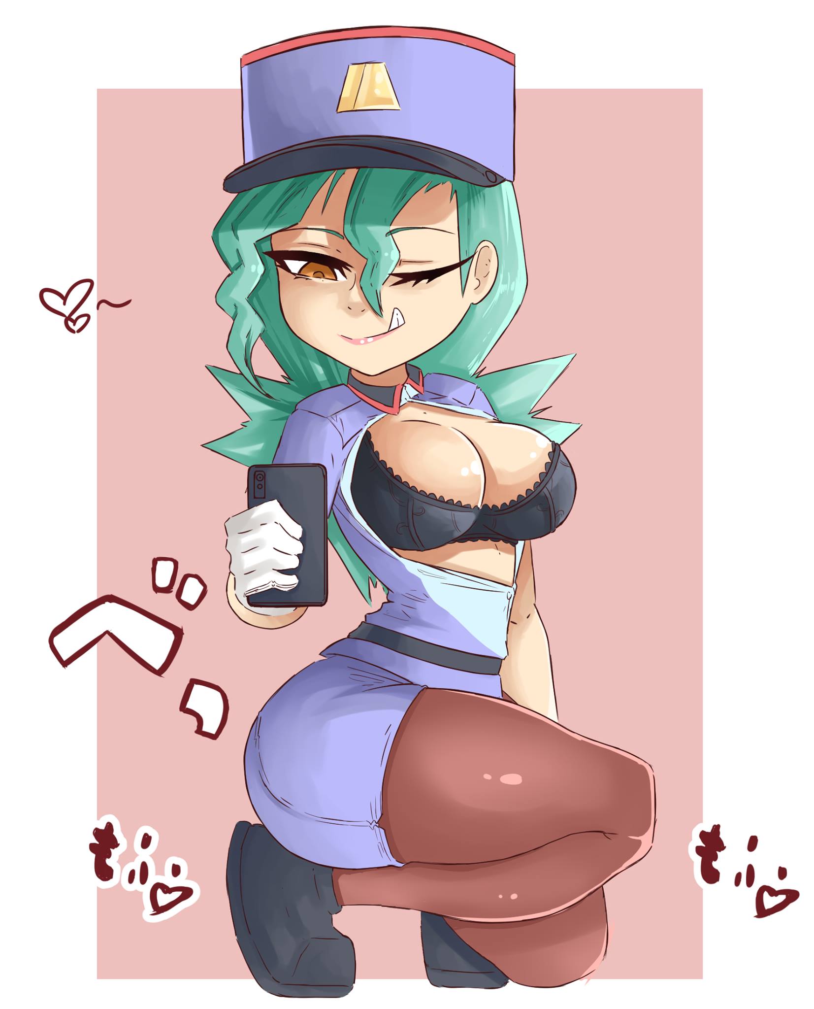 akatosh_el_shota_furro aqua_hair arm_at_side black_bra black_hat black_shoes blue_hat blue_shirt blue_skirt bra breasts brown_eyes brown_pantyhose cellphone cleavage female female_focus from_side full_body gloves half-closed_eye hand_up hat highres holding holding_phone jenny_(pokemon) large_breasts licking_lips lips lipstick long_hair looking_down makeup mature_female mole mole_on_breast nintendo one_eye_closed open_clothes open_shirt pantyhose pencil_skirt phone pink_lips pokemon pokemon_(anime) pokemon_(classic_anime) police police_uniform policewoman selfie shirt shoes short_sleeves skirt smile solo squatting tongue tongue_out two-tone_hat underwear white_gloves