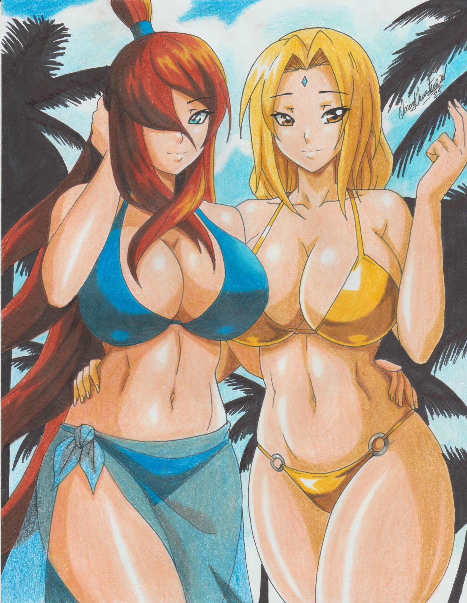 2025, 2girls, big breasts, bikini, bikini bottom, bikini top, blonde hair, blue bikini, blue eyes, breasts, brown eyes, brown hair, cleavage, clouds, fat breasts, female, female focus, female only, female/female, flat belly, forehead jewel, hand on hip, hands on hips, huge breasts, large breasts, light skin, light-skinned female, long hair, mei terumi, midriff, milf, naruto, naruto (series), naruto shippuden, palm tree, ravern clouk, ravernclouk, see-through, shounen jump, sky, swimwear, topknot, tsunade, voluptuous, voluptuous female, yellow bikini, yuri
