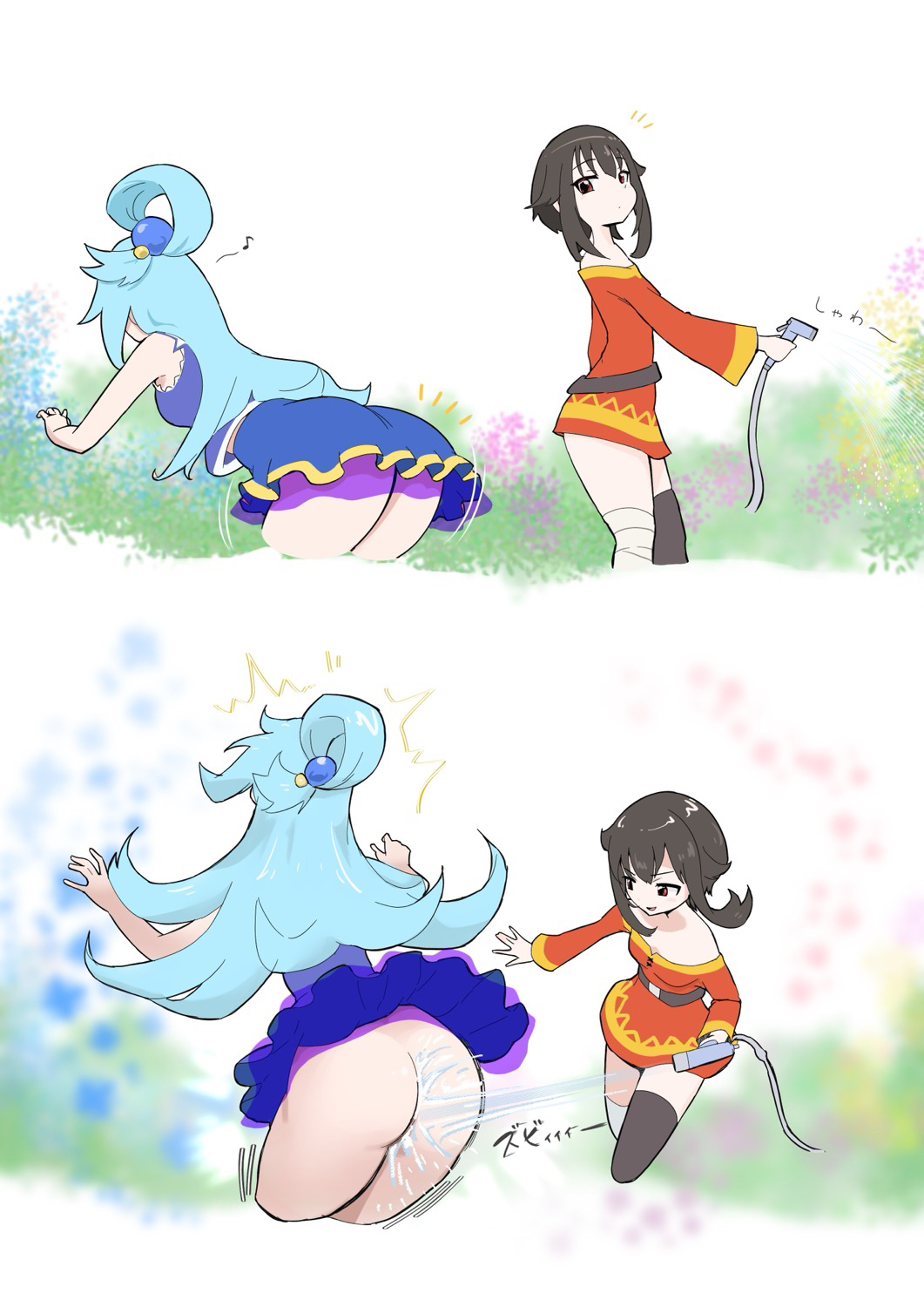 2girls, aqua (konosuba), armpits, ass, ass focus, bare legs, black hair, blue eyes, curvy, dress, garden, goddess, huge ass, japanese text, kadokawa shoten, kono subarashii sekai ni shukufuku wo!, legs, magician, megumin, microsd (artist), no panties, playing, skirt, socks, surprised, teenager, water, water spray, water spring, wet, wit studio, young, young female