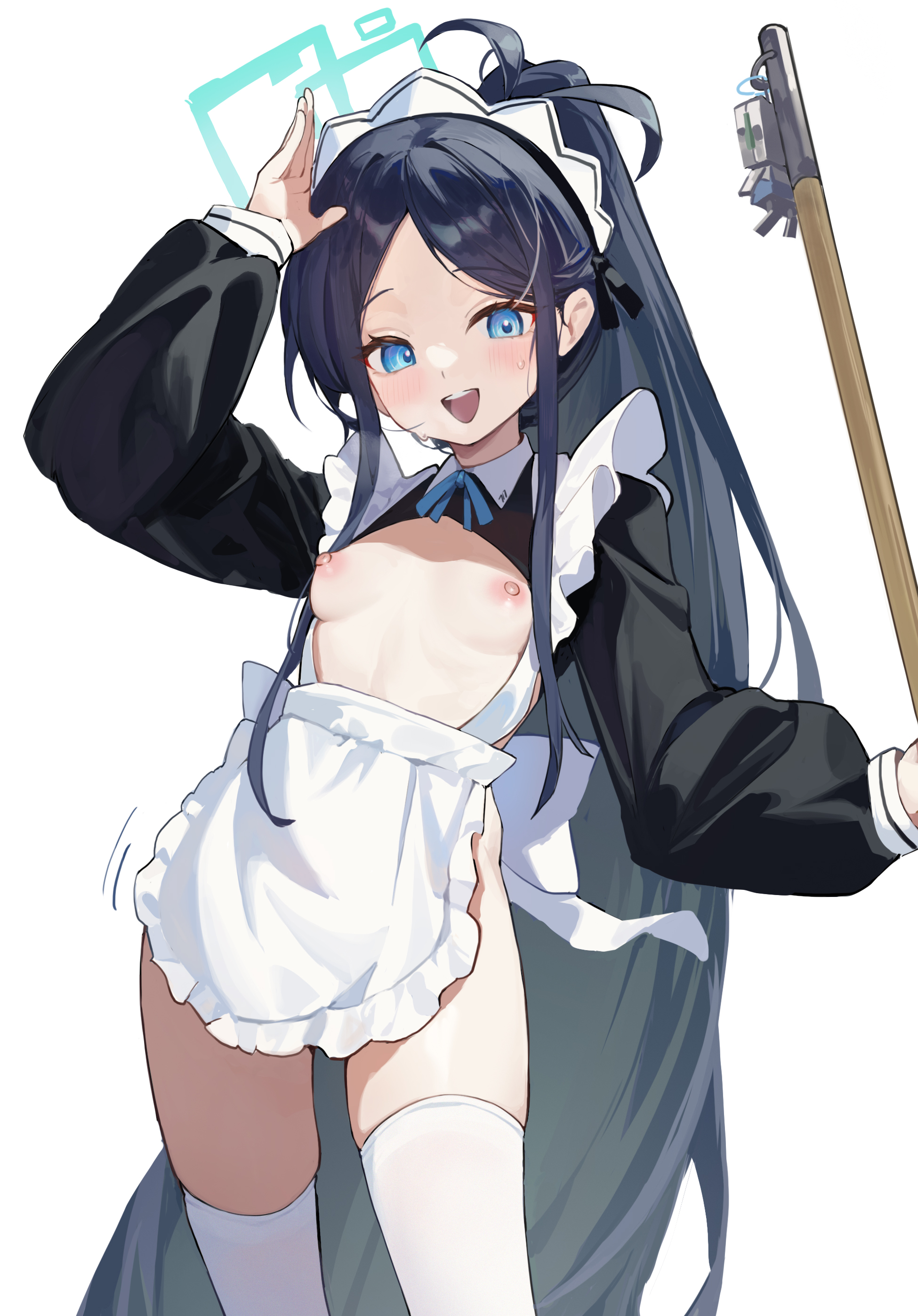 1girls, aged up, aris (blue archive), artist request, average breasts, blue archive, blue eyes, blush, blushing, breasts, female, game development department (blue archive), highres, looking at viewer, maid apron, maid uniform, nipples, non-canonical breasts, open mouth, video game character, young