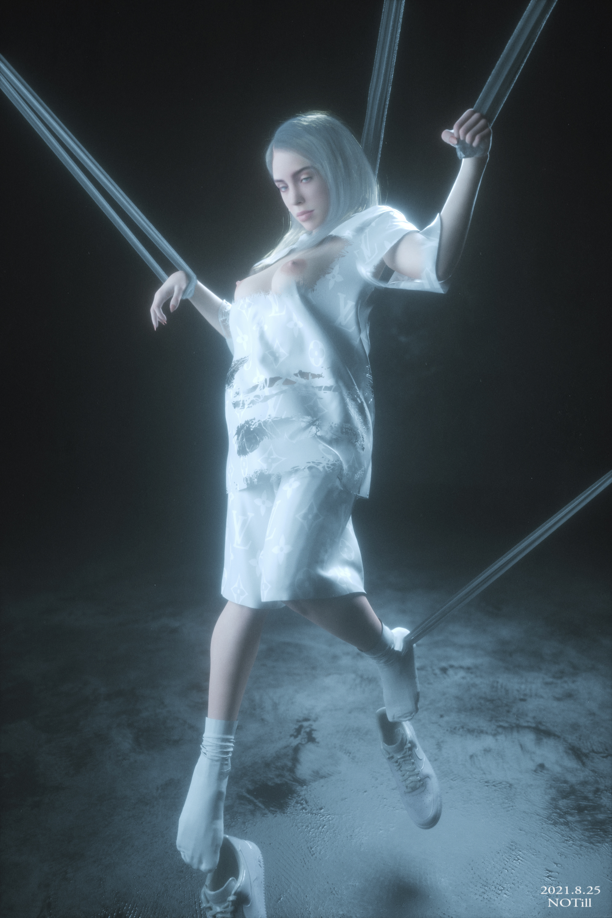 3d, areolae, big breasts, billie eilish, blue eyes, blue hair, breasts, busty, female, female focus, female only, hourglass figure, long hair, nipples, notill, pose, posing, solo, tagme, tied up, wide hips