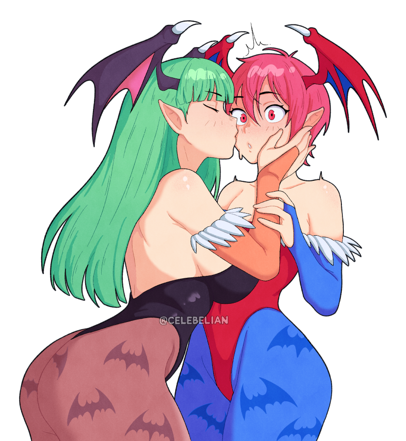 :o, ^^^, 2girls, animal print, antenna hair, ass, bat print, bent over, big ass, big breasts, black leotard, blue pantyhose, blue sleeves, blunt bangs, blush, breasts, bridal gauntlets, brown pantyhose, capcom, celebelian, closed eyes, commentary, cowboy shot, darkstalkers, demon, demon girl, demon wings, double-parted bangs, english commentary, female, female only, frilled bridal gauntlets, frills, green hair, hand on another's cheek, hand on another's face, head wings, kissing, kissing cheek, large breasts, leotard, light blush, lilith (darkstalkers), lilith aensland, long hair, morrigan aensland, multiple females, multiple girls, no penetration, no sex, pantyhose, parted lips, pink eyes, pink hair, pointy ears, purple wings, red leotard, red sleeves, red wings, short hair, strapless, strapless leotard, succubus, surprise kiss, surprised, teeth, twitter username, watermark, wings, yuri