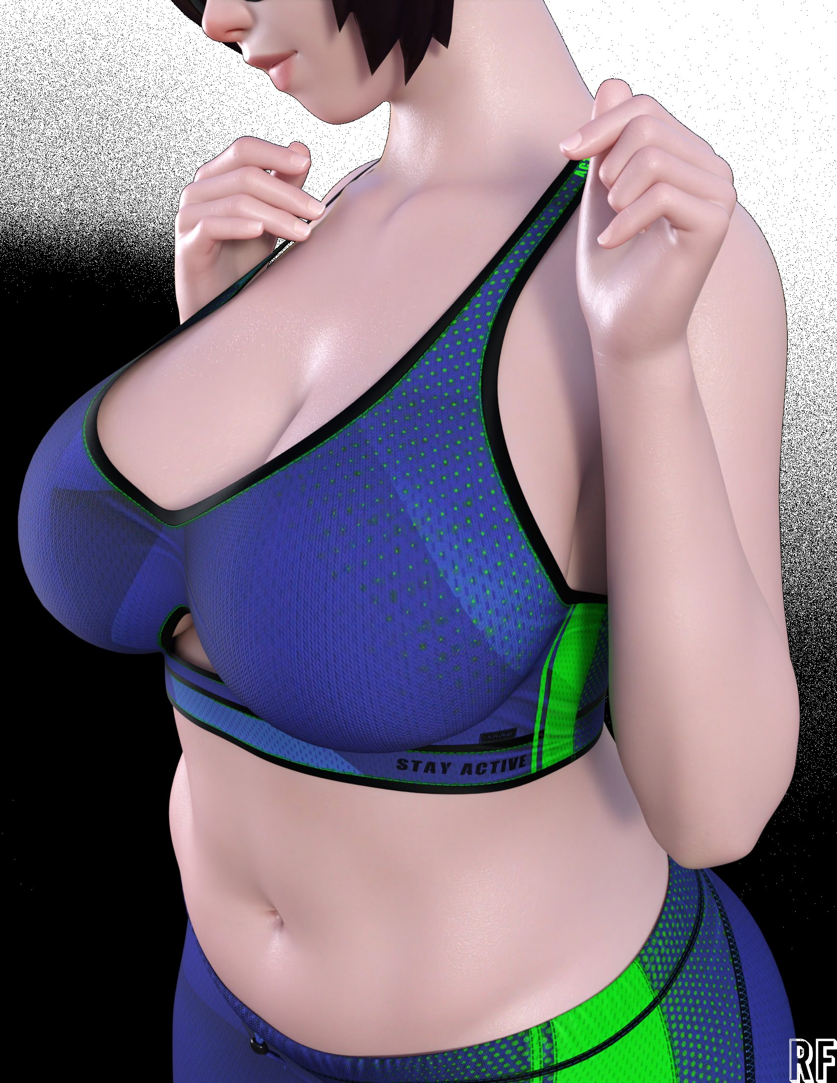1girls, 3d, breasts, brown hair, chubby, cleavage, eyes out of frame, eyewear, female, female only, glasses, large breasts, mei (overwatch), navel, overwatch, rude frog, smile, solo, sports bra, sportswear, thick, thick eyebrows, tied hair