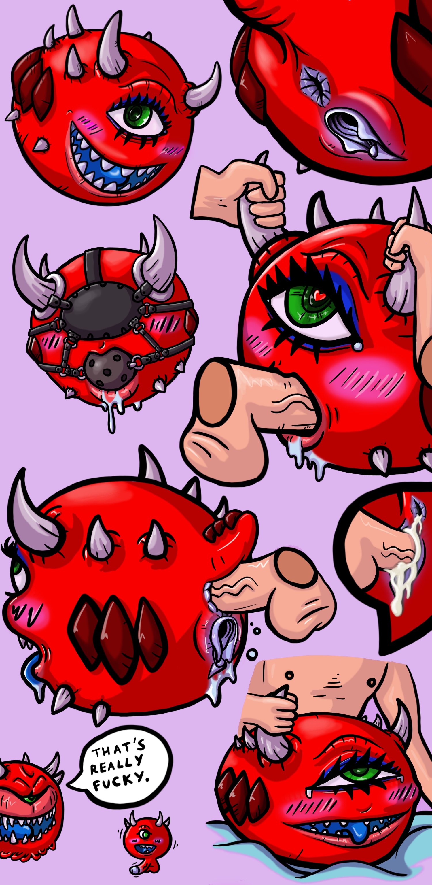 1 eye, anal, ass, blowjob, blush, cacodemon (doom), cum, cum in pussy, cum inside, doom, english, english text, fellatio, female, horns, interspecies, kakothecruiser, male, oral, penis, purple background, pussy, red skin, waddling head