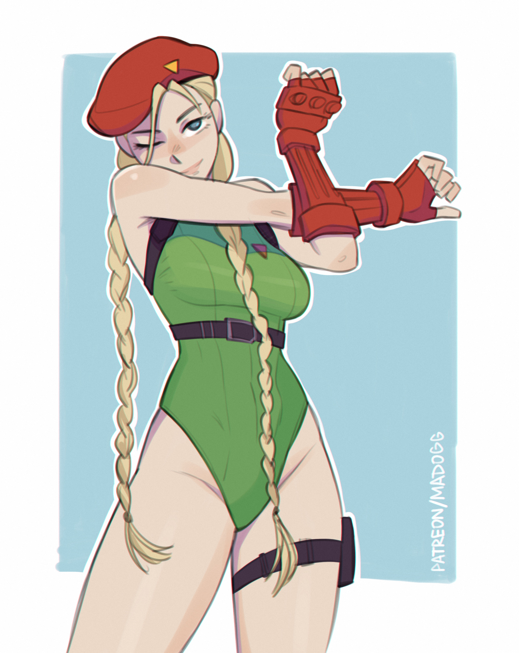 ahoge, antenna hair, beret, blonde hair, blue eyes, braid, breasts, cammy white, chest harness, closed mouth, clothing, female, fingerless gloves, gloves, green leotard, groin, harness, hat, headwear, highleg, highleg leotard, holster, leotard, lips, long hair, looking at viewer, low twin braids, madogg, medium breasts, one eye closed, red gloves, red headwear, scar, smile, solo, street fighter, stretching, thigh holster, thigh pouch, thigh strap, thighs, twin braids, very long hair