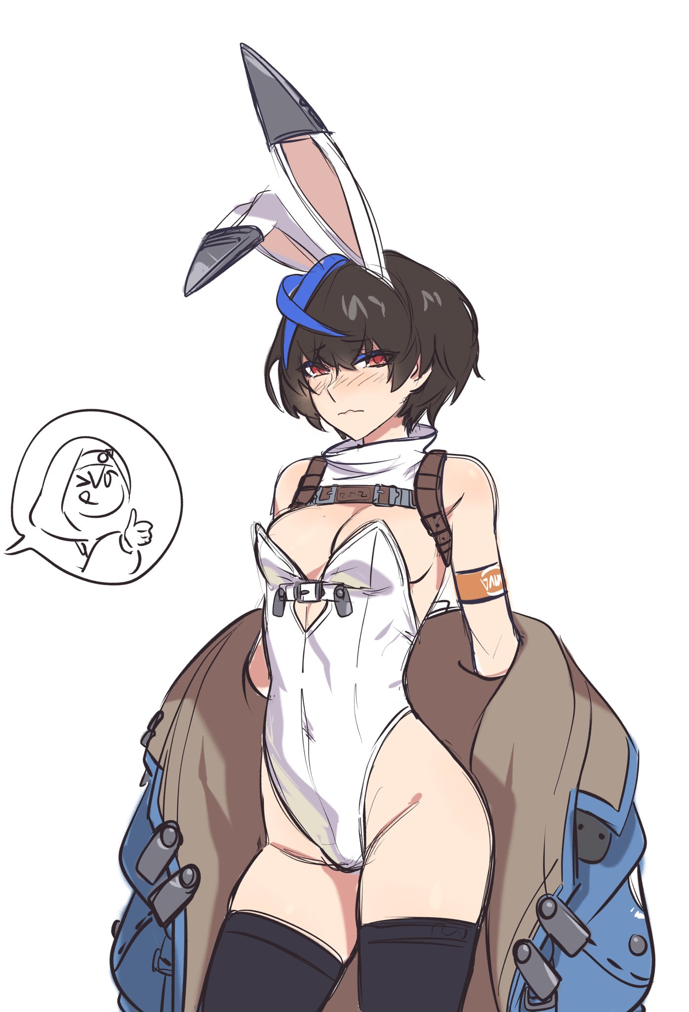 1boy, 1girls, adapted costume, androgynous, animal ears, armlet, black hair, blue jacket, blue streaks, blush, breasts, bridget, crossdressing, detached collar, fake animal ears, female, femboy, feminine male, girly, guilty gear, guilty gear strive, harness, highleg, highleg leotard, highres, jacket, jewelry, leotard, male, male symbol, mokotoko9, multicolored hair, off shoulder, otoko no ko, playboy bunny, rabbit ears, simple background, solo focus, spoken character, streaked hair, teenager, thighhighs, thumbs up, unika (guilty gear), wavy mouth