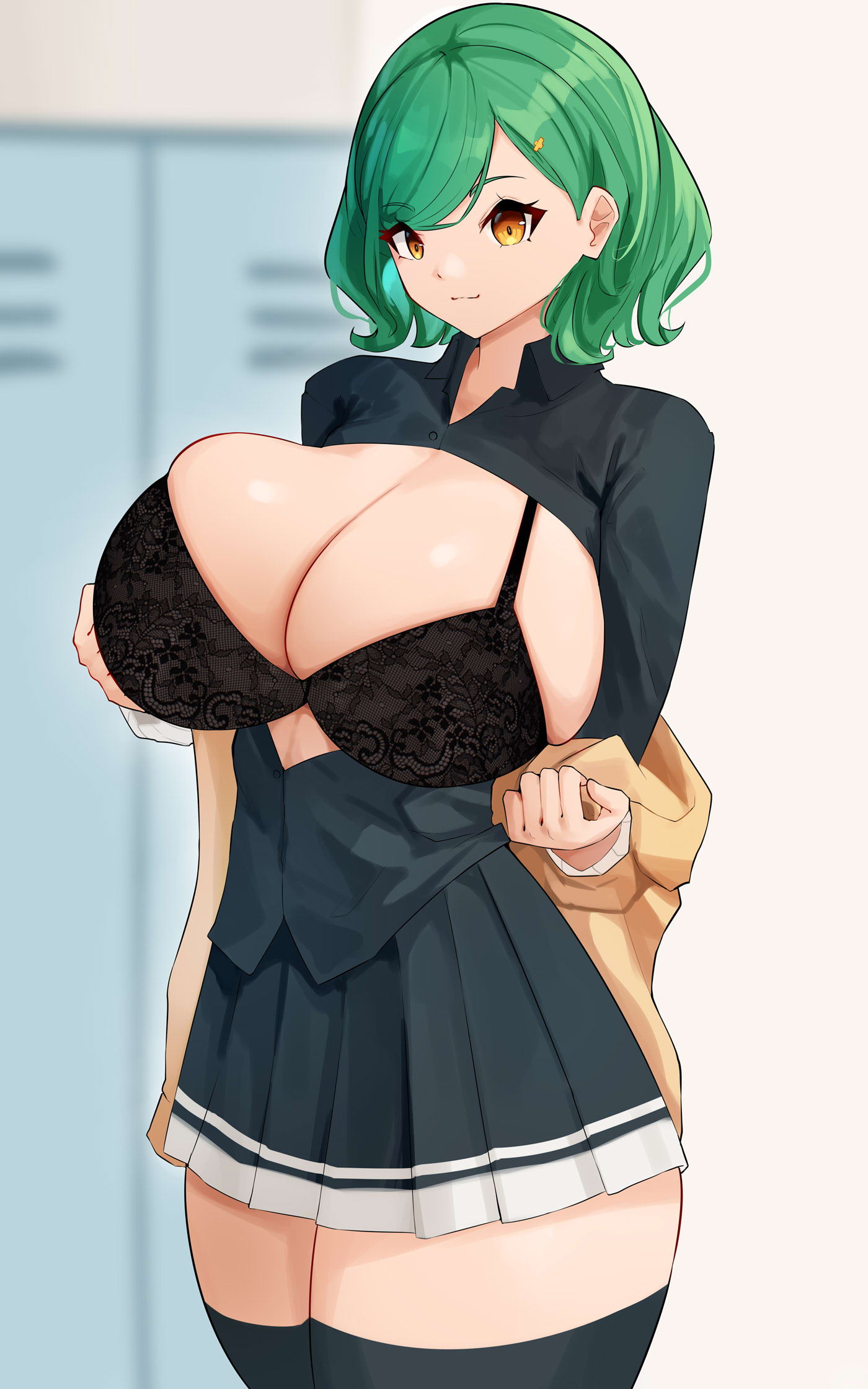 1girls, alternate breast size, big breasts, bra, breasts, cromwellb, eye contact, female, green hair, huge breasts, kitakoji hisui, kitakouji hisui, large breasts, looking at viewer, nijisanji, solo, standing, undressing, virtual youtuber, youtuber