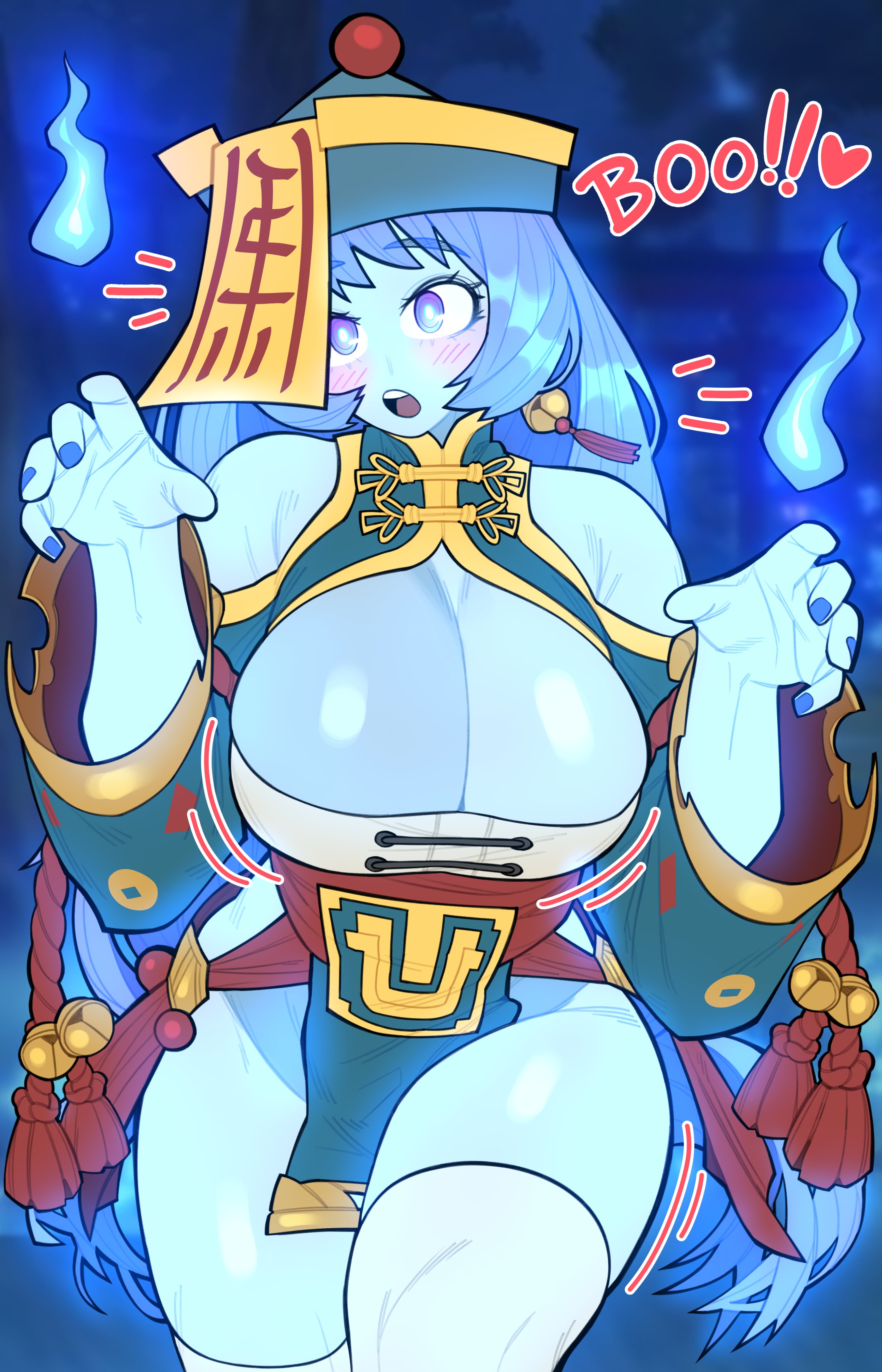 1girls, absurdres, alternate breast size (larger), alternate costume, bells, blue eyes, blue hair, blue nail polish, blue nails, blue skin, blue-haired female, blush, blushing, boku no hero academia, breasts, chinese clothes, colored skin, commentary, english commentary, english text, female, female only, hado nejire, hadou nejire, halloween, halloween costume, hat, highres, huge breasts, jiangshi, jiangshi costume, jiggle, jiggling, jiggling breasts, long hair, long sleeves, looking at viewer, motion lines, my hero academia, nejire hado, ofuda, open mouth, outstretched arms, solo, thick, thick thighs, thighs, very long hair, voidloop, will-o-wisp, zombie pose