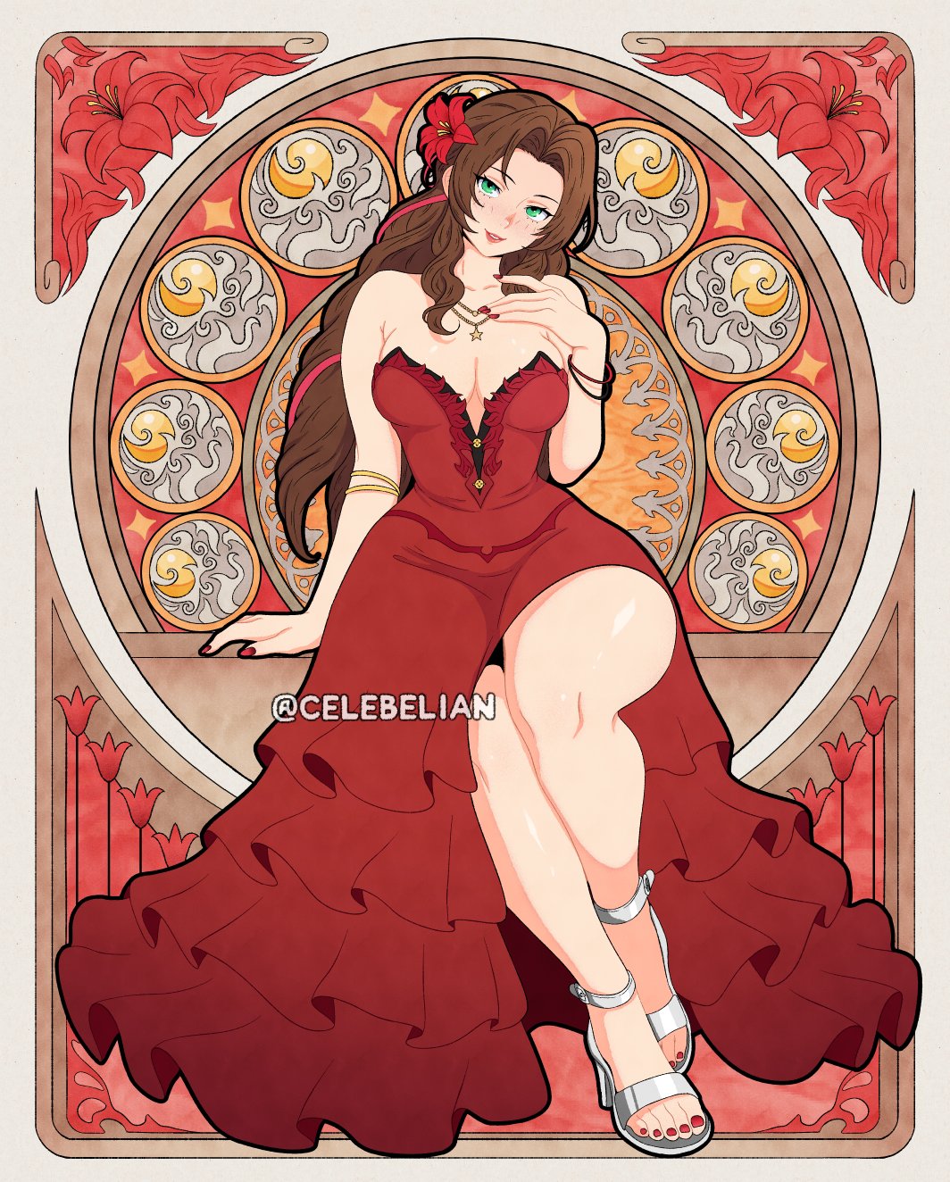 1girls, aerith gainsborough, art nouveau, bare shoulders, breasts, brown hair, celebelian, cleavage, dress, female, female only, final fantasy, final fantasy vii, full body, green eyes, highres, large breasts, long hair, red background, red dress, red nails, sandals, sitting, solo, strapless, strapless dress, twitter username