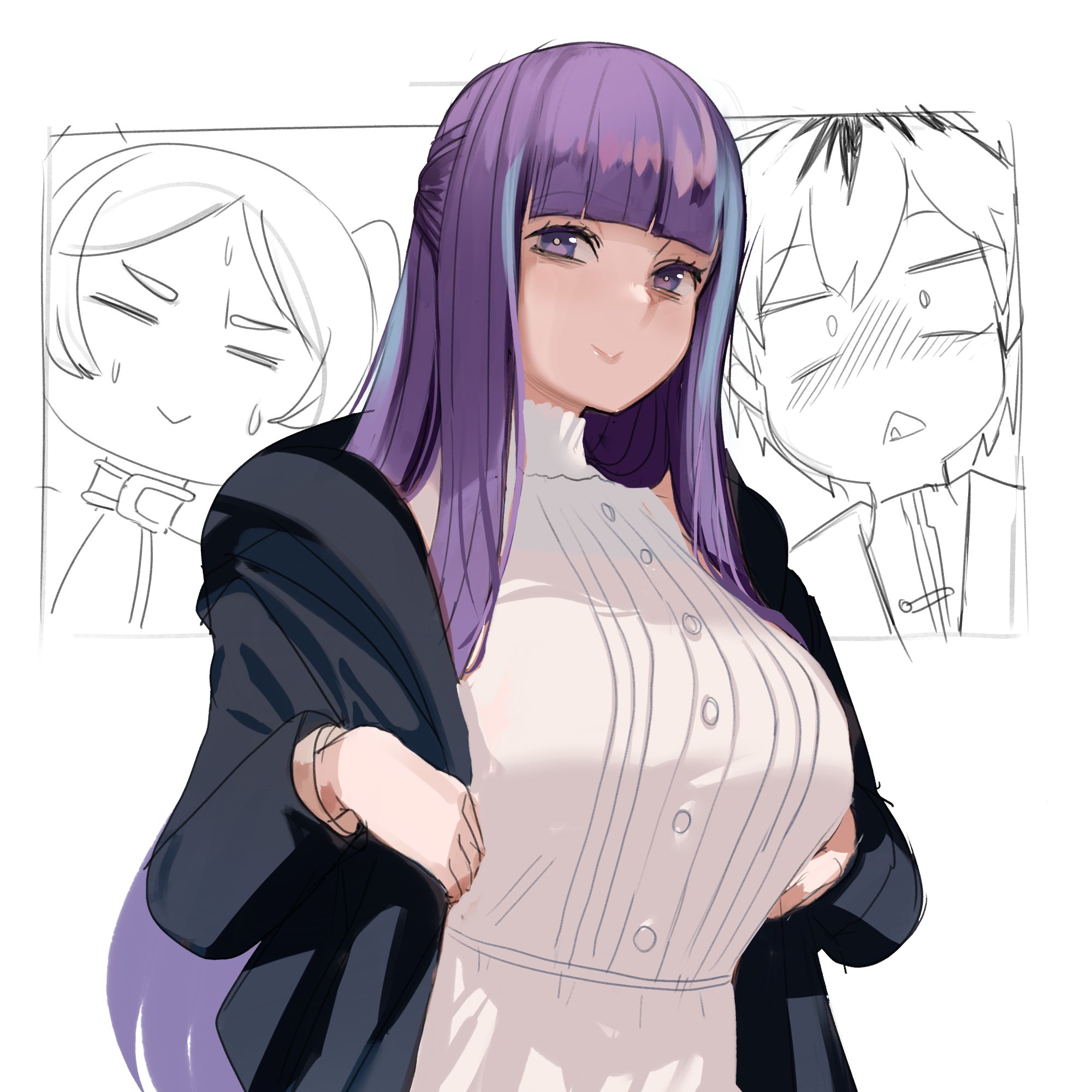 :>, 1boy, 2girls, black coat, blunt bangs, blush, breasts, coat, dress, female, fern (sousou no frieren), frieren, hands on own chest, high collar, highres, large breasts, long hair, looking at viewer, male, multiple females, multiple girls, purple eyes, purple hair, sho-n-d, sidelocks, simple background, sousou no frieren, stark (sousou no frieren), straight hair, sweatdrop, upper body, white background, white dress