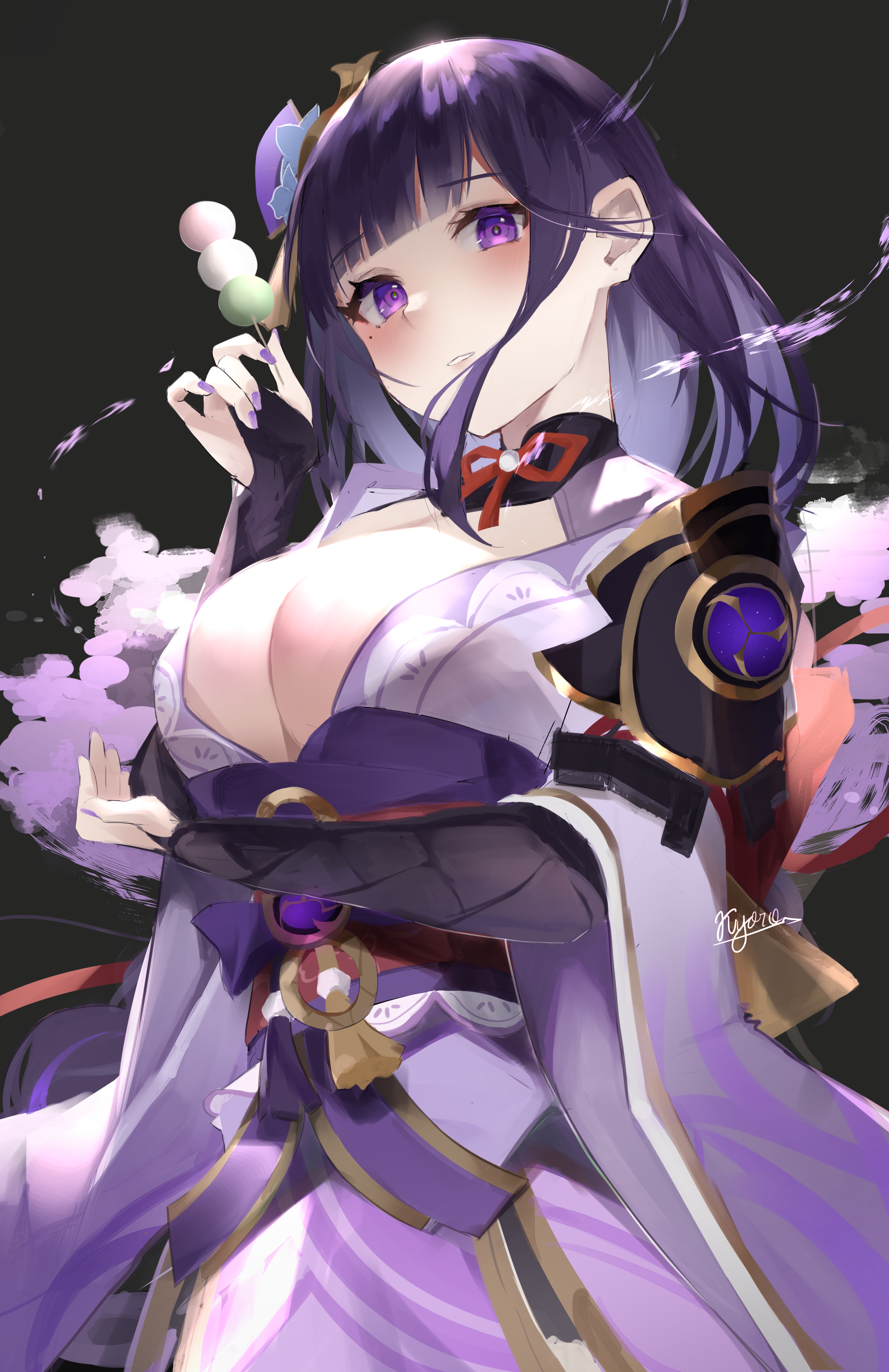 beauty mark, blush, breasts, female, genshin impact, japanese clothes, kyoro, large breasts, mole, mole under eye, purple eyes, purple hair, raiden shogun