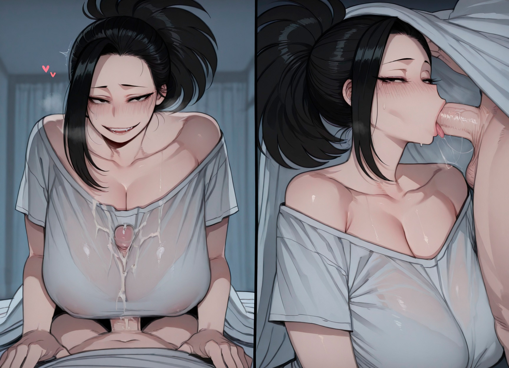 1boy, 1girls, ai generated, amaimuse, areolae visible through clothing, ass, bed, bedroom, big ass, big breasts, black eyes, black hair, black nails, blowjob, blush, boku no hero academia, breasts, cheating, cheating girlfriend, choker, cleavage, commission, covered nipples, cum, cum under clothes, cumming from paizuri, curvy, curvy figure, deepthroat, embarrassed, fellatio, female, half-closed eyes, heart, huge cock, large ass, large penis, larger female, licking penis, lidded eyes, light skin, light-skinned female, light-skinned male, long hair, looking at viewer, loving gaze, loving it, male, male/female, momo yaoyorozu, my hero academia, nervous smile, netorare, ntr, oral, paizuri, penis, pleasure face, ponytail, pov, pov blowjob, request, sagging breasts, saliva, saliva trail, shy, size difference, sloppy blowjob, sweat, t-shirt, t-shirt only, taller female, teeth, thick thighs, titjob, under sheets, wet clothes, wide hips