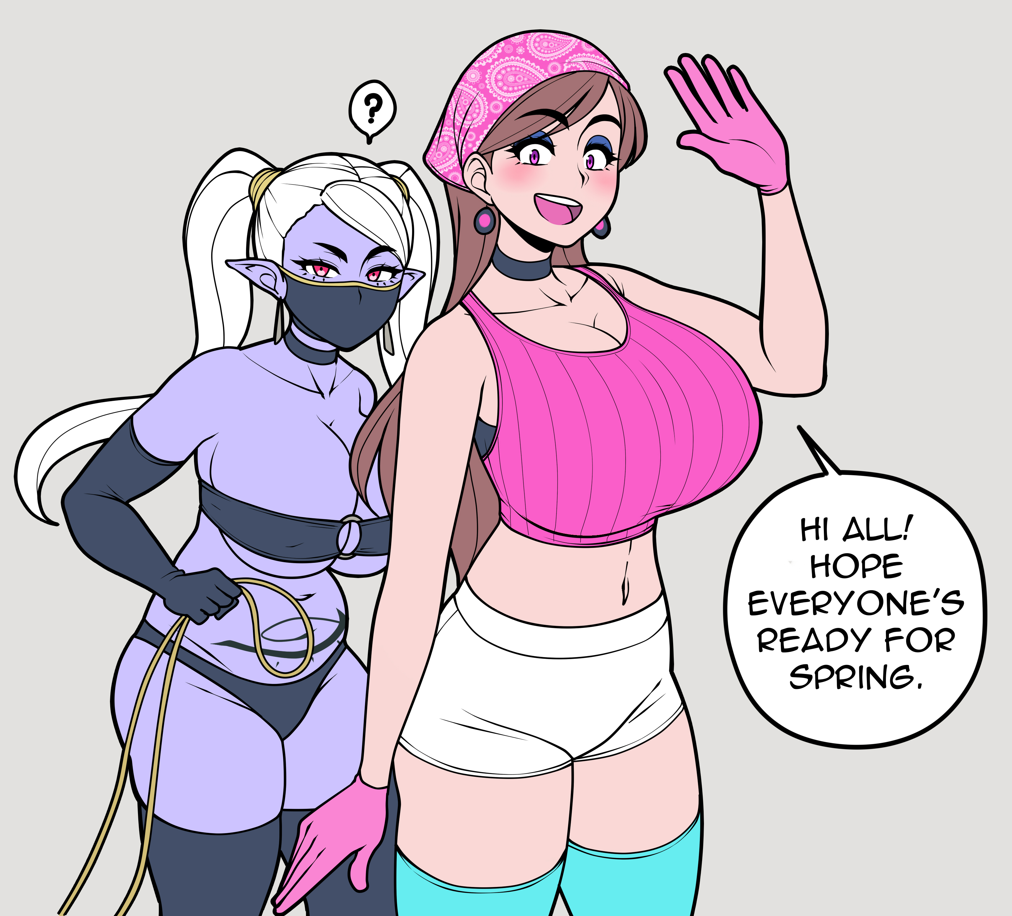 bondage, breasts, brown hair, collar, dark elf, drow, elf, female, jam (jam-orbital), jam-orbital, large breasts, nipples visible through clothing, purple skin, red eyes, scantily clad, slave, slave girl, tagme, text, white hair