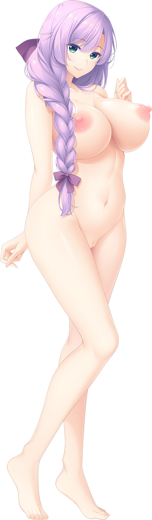 1girls amamiya_imari bangs barefoot braid breasts choco_chip completely_nude eyebrows_visible_through_hair female full_body green_eyes highres huge_breasts light_purple_hair long_hair low-tied_long_hair navel nee_nee_nee nipples nude official_art photoshop_(medium) pussy single_braid smile solo tachi-e transparent_background