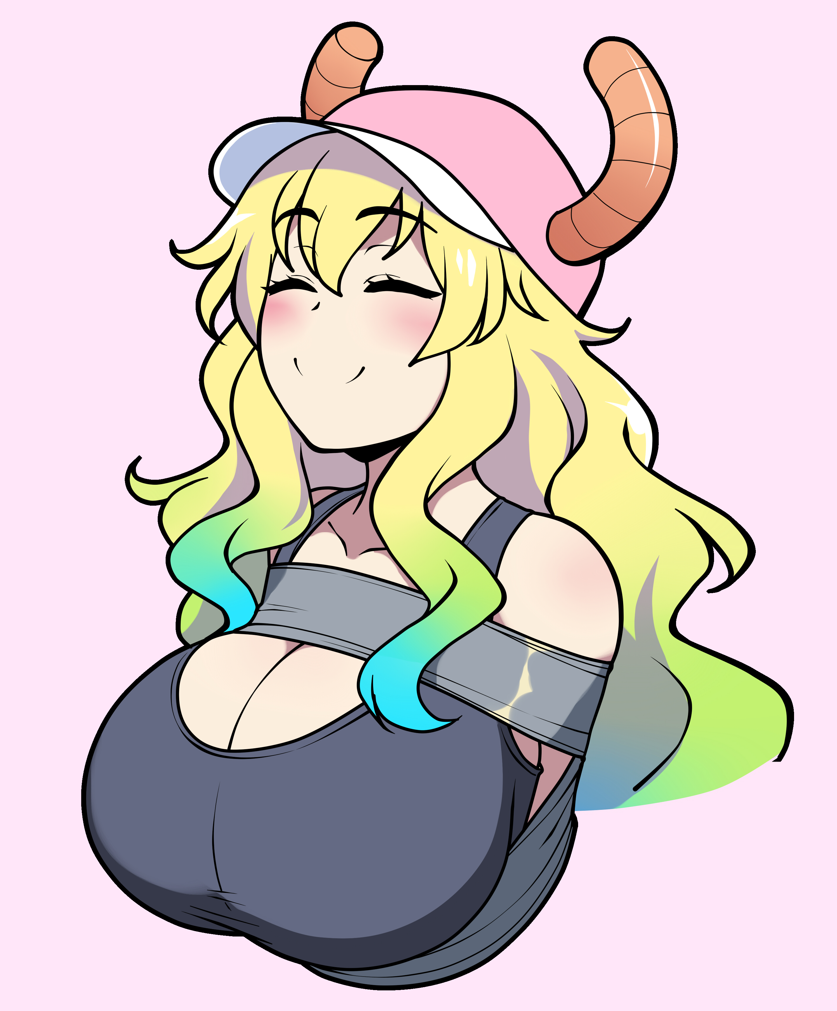 blonde hair, bondage, breasts, closed eyes, female, femsub, happy sub, horns, jam-orbital, large breasts, lucoa, lucoa (maidragon), miss kobayashi's dragon maid, quetzalcoatl (dragon maid), smile, tagme