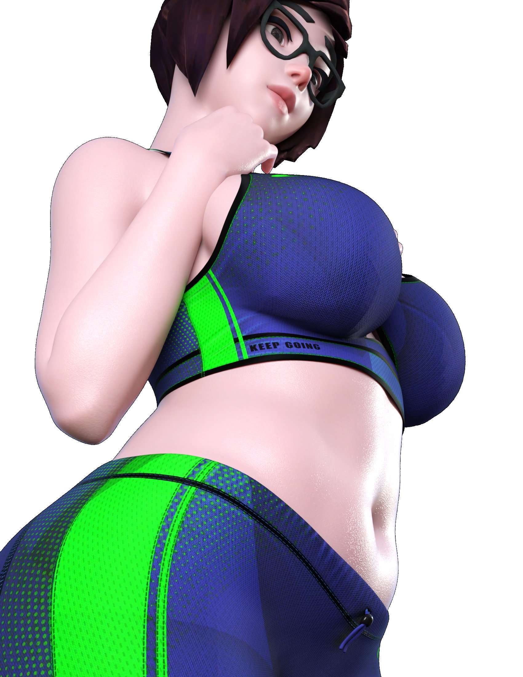 1girls, 3d, breasts, brown eyes, brown hair, female, female only, glasses, large breasts, mei (overwatch), navel, overwatch, rude frog, solo, sports bra, sportswear, thick, thick eyebrows, tied hair, white background