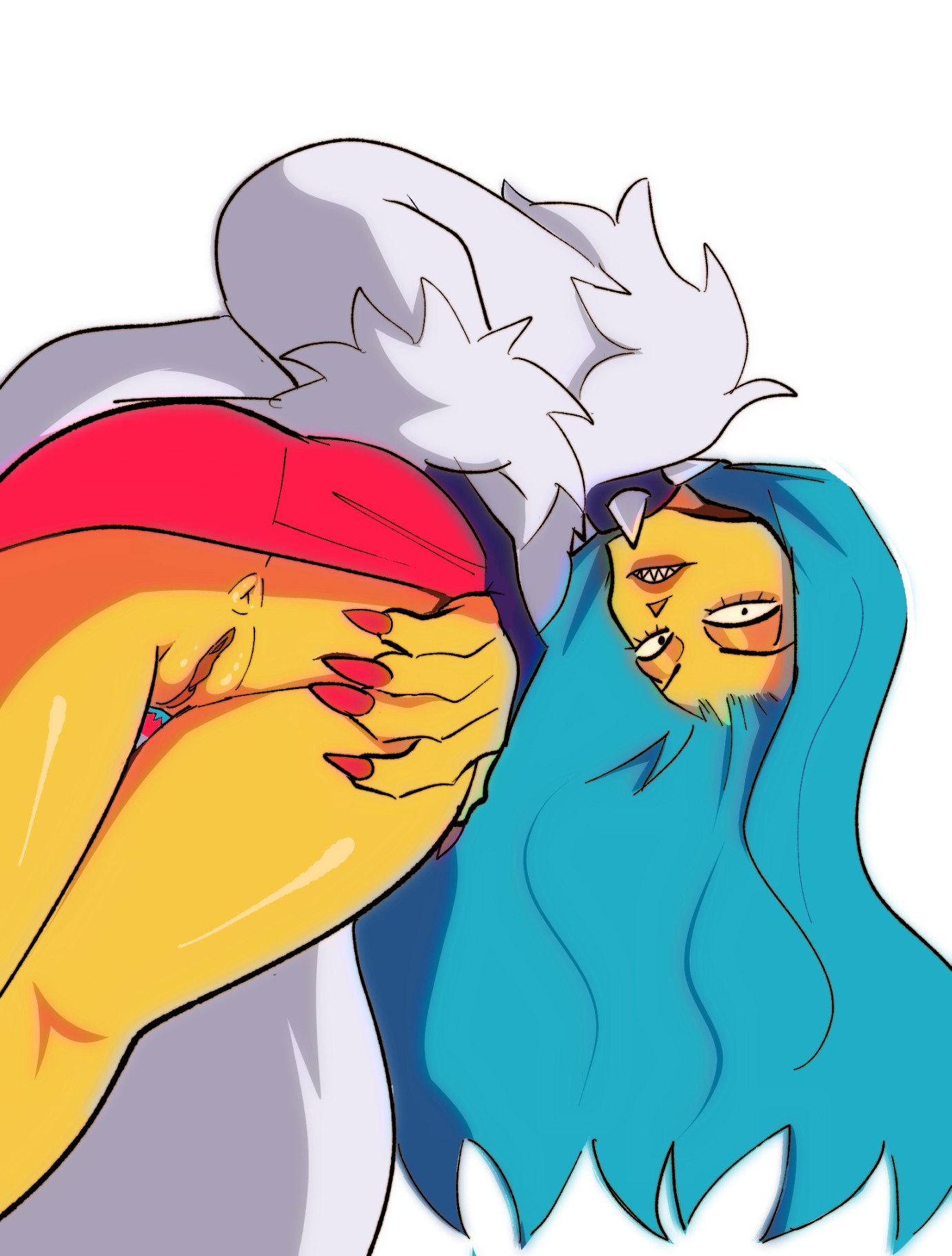 1girls, 2d, 2d (artwork), anus, blue hair, blue-haired female, demon, demon girl, fanart, female, fur coat, long hair, long-haired female, looking at viewer, mika (punch punch forever!), no panties, pinup, presenting pussy, punch punch forever!, pussy, sharp teeth, short skirt, solo, solo female, spiked collar, spreading ass, thesquiddycipher, vagina, white background, yellow skin, yellow skinned female