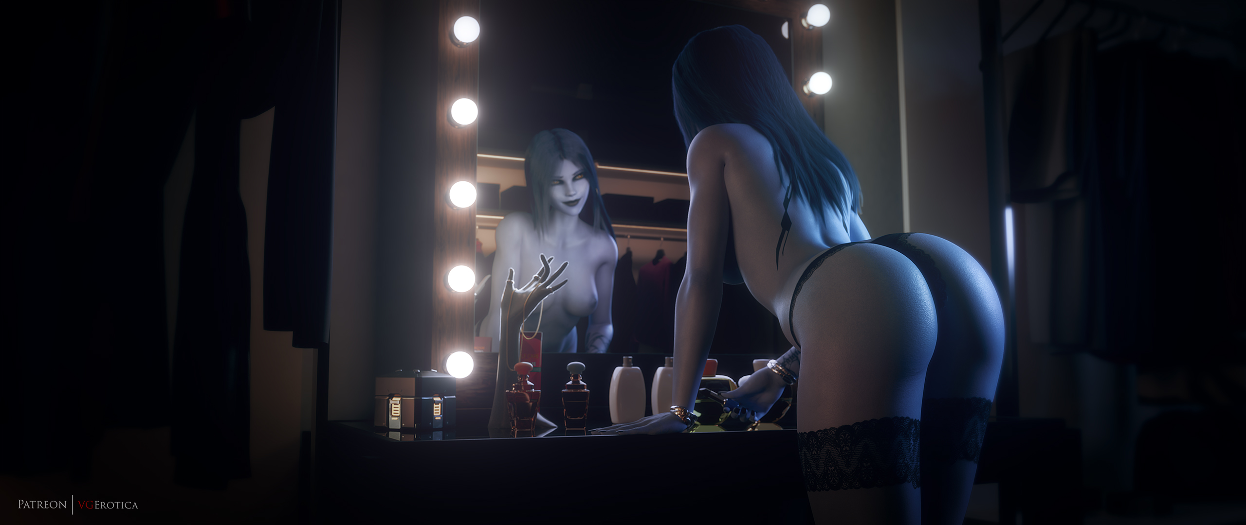 1girls, 3d, areolae, ass, autodesk maya, bent over, big ass, breasts, female, female only, lingerie, nipples, overwatch, solo, vgerotica, widowmaker