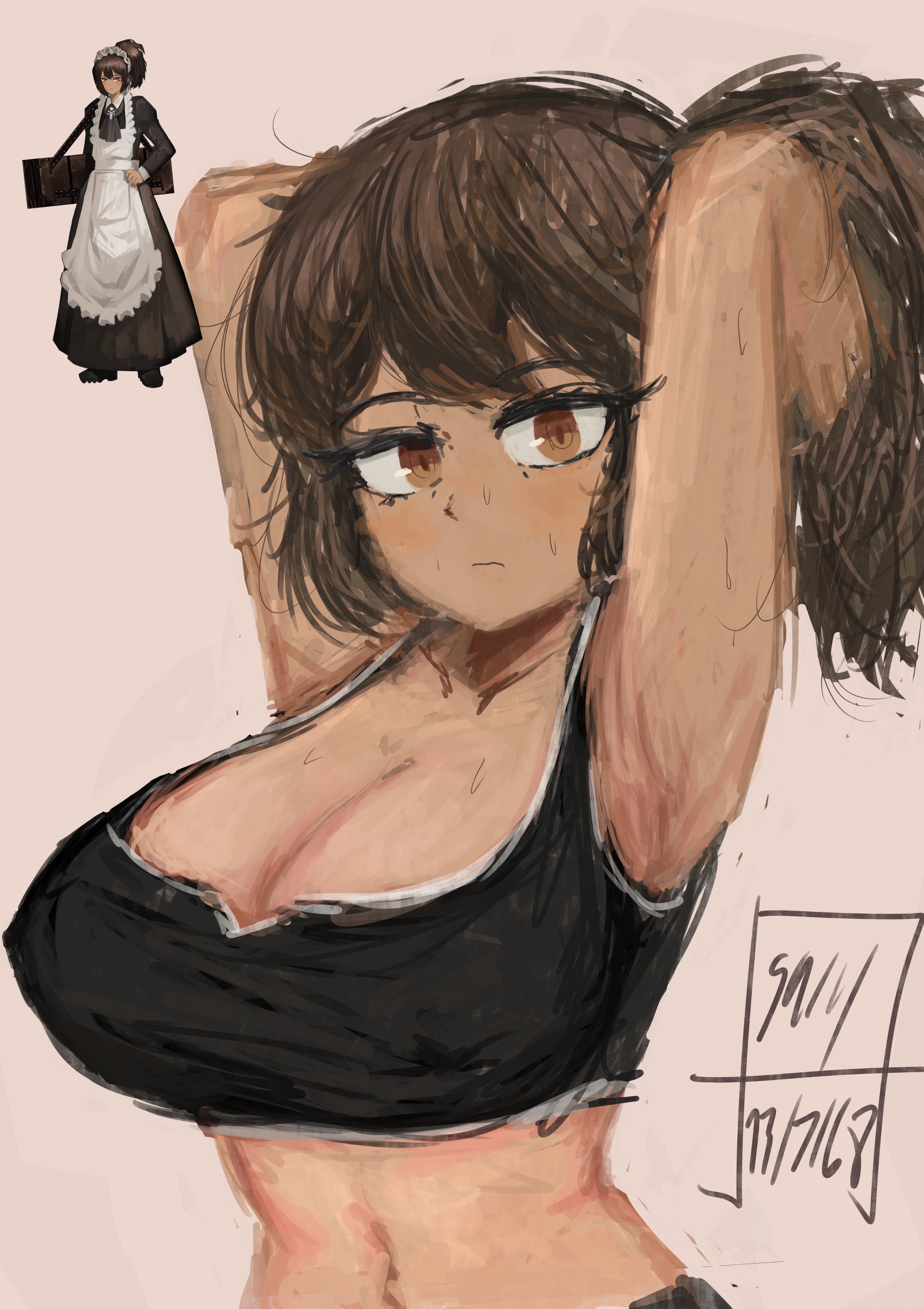 1girls, armpits, bra, brown eyes, brown hair, brown skin, female, limbus company, maid, nelly (limbus company), project moon, sa111 saki, tomboy