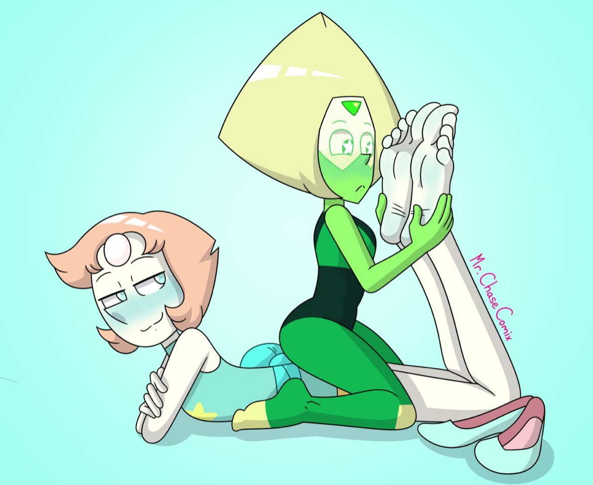 2girls, blonde female, blonde hair, blue eyes, blush, blushing, cartoon, cartoon network, clothed, crystal gem, feet, feet focus, feet up, feet worship, female, foot fetish, gem (species), green eyes, green hair, green skin, light blue eyes, mr. chase comix, mrchasecomix, pearl (steven universe), peridot (steven universe), sitting, sitting on person, soles, star eyes, steven universe, tagme, worship, worshiping, worshipping feet, yuri