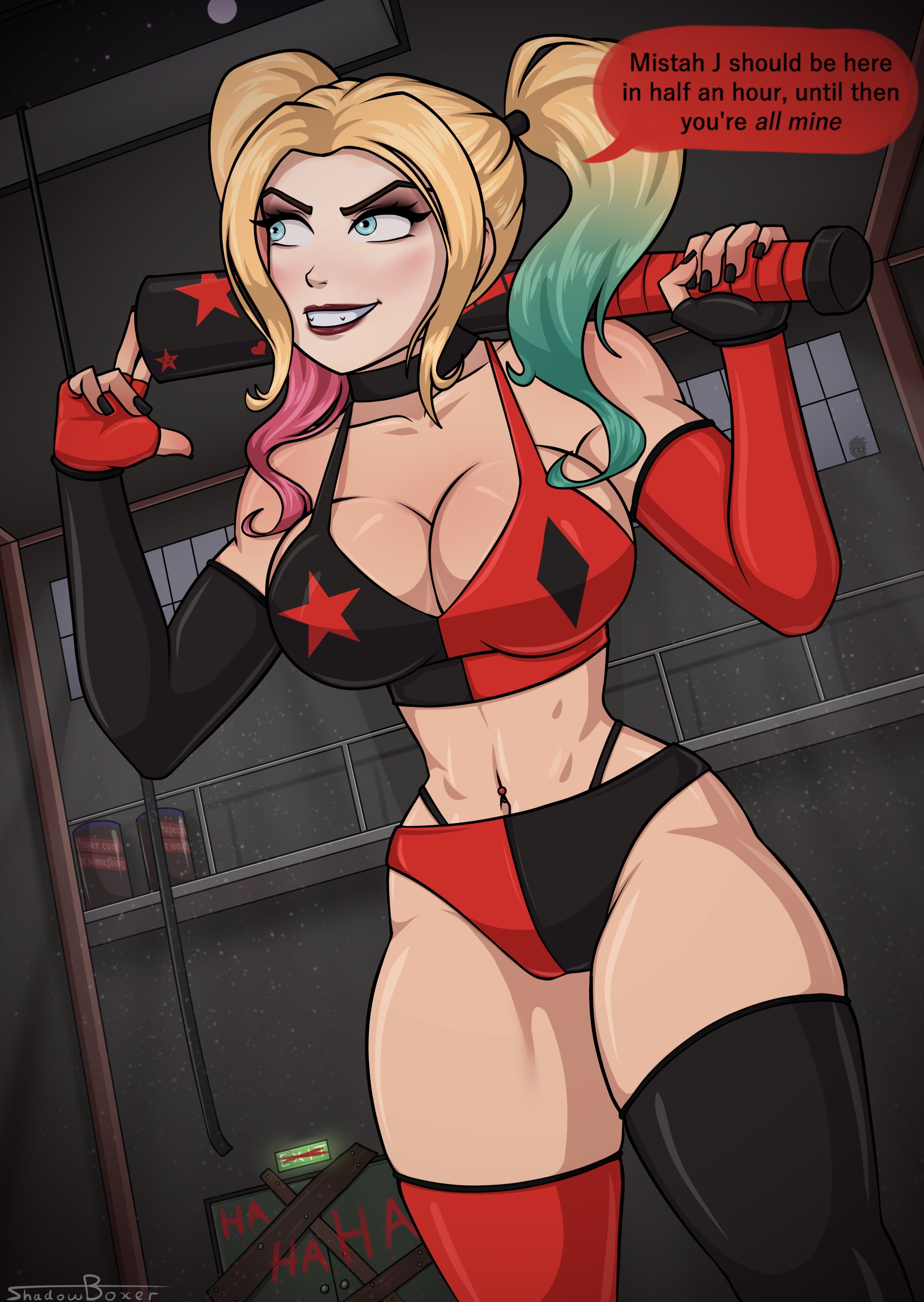 1girls, alternate breast size, baseball bat, batman (series), big breasts, breasts, bustier, dc, dc comics, female, female only, fully clothed, harley quinn, large breasts, shadowboxer, solo, speech bubble, text