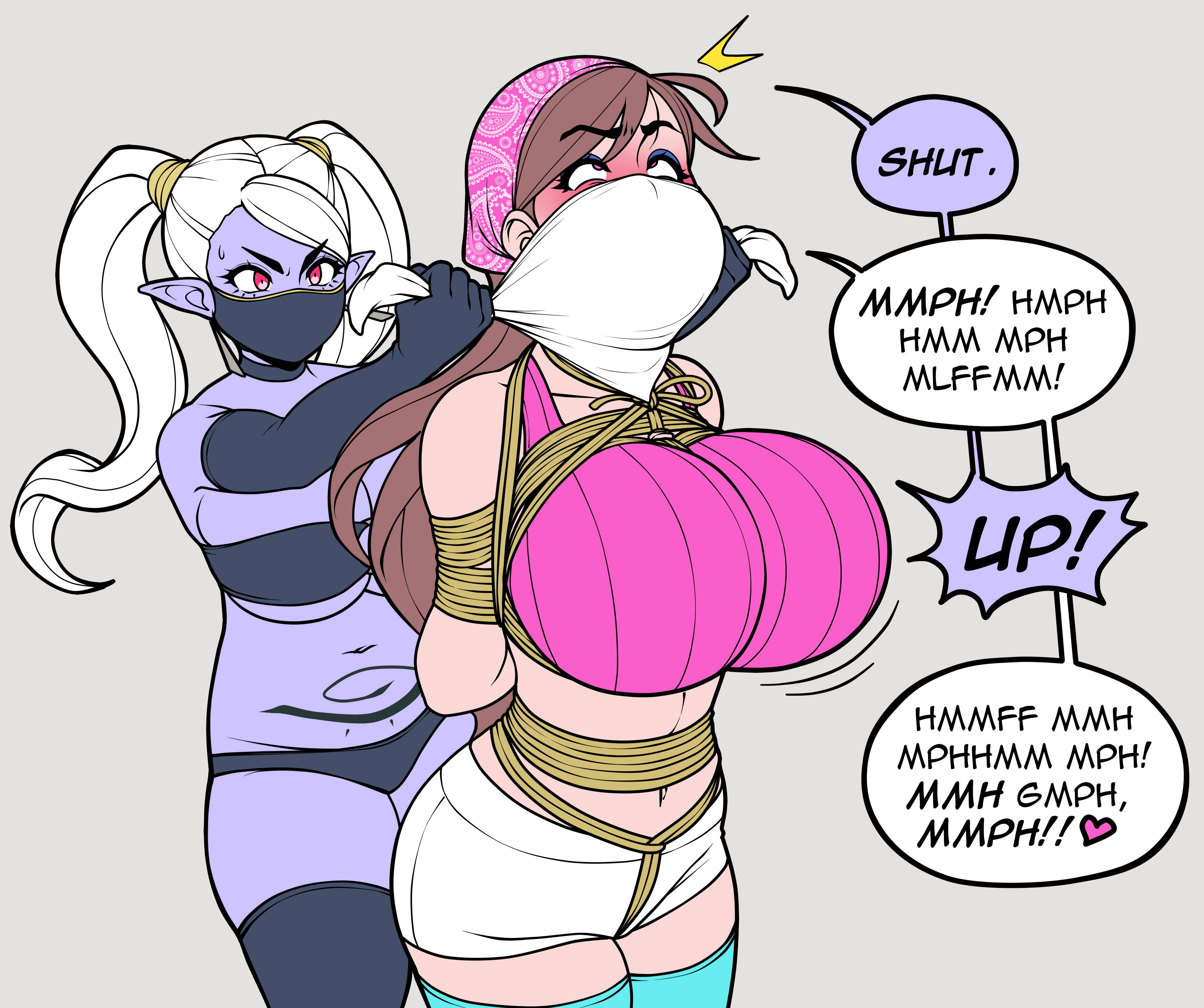 bondage, breasts, brown hair, collar, dark elf, drow, elf, face mask, female, gag, gagged, jam (jam-orbital), jam-orbital, large breasts, masked female, otn gag, over the nose gag, purple skin, red eyes, scantily clad, slave, slave girl, tagme, text, white hair