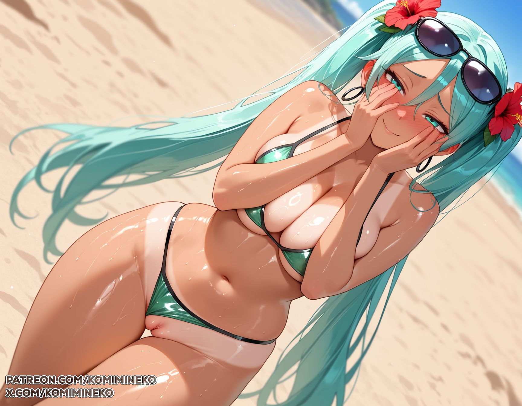 :3, 1girl, ai generated, alternate breast size, aqua eyes, aqua hair, ass, ass bigger than head, ass focus, bangs, bare shoulders, beach, big ass, big breasts, big thighs, bikini, bikini bottom aside, blush, blush lines, blushing at viewer, brazilian miku, breasts, bubble butt, cleavage, clitoral hood, clitoris, closed mouth, clothing aside, collarbone, cowboy shot, day, dutch angle, earrings, eyewear on head, fat ass, female, flower, girly, green bikini, hair between eyes, hair flower, hair ornament, hands, hands on own cheeks, hands on own face, hatsune miku, hatsune miku (collared bikini), hibiscus, high resolution, highres, hoop earrings, horny, huge ass, huge boobs, huge breasts, huge butt, huge thighs, jewelry, kimono, kimono lift, kimono pull, komimineko, large breasts, long hair, looking at viewer, mature, mature body, mature figure, milf, mommy, navel, outdoors, patreon username, perfect body, pussy, round ass, self upload, sexy, shiny, shiny skin, shy, skindentation, sky, smile, solo, stable diffusion, stomach, sunglasses, swimsuit, tan, tanlines, thick, thick ass, thick thighs, thigh gap, thighs, twintails, uncensored, vagina, vaginal penetration, vaginal sex, very long hair, video game, video game character, video game franchise, video games, voluptuous, waifu diffusion, wet, wide hips