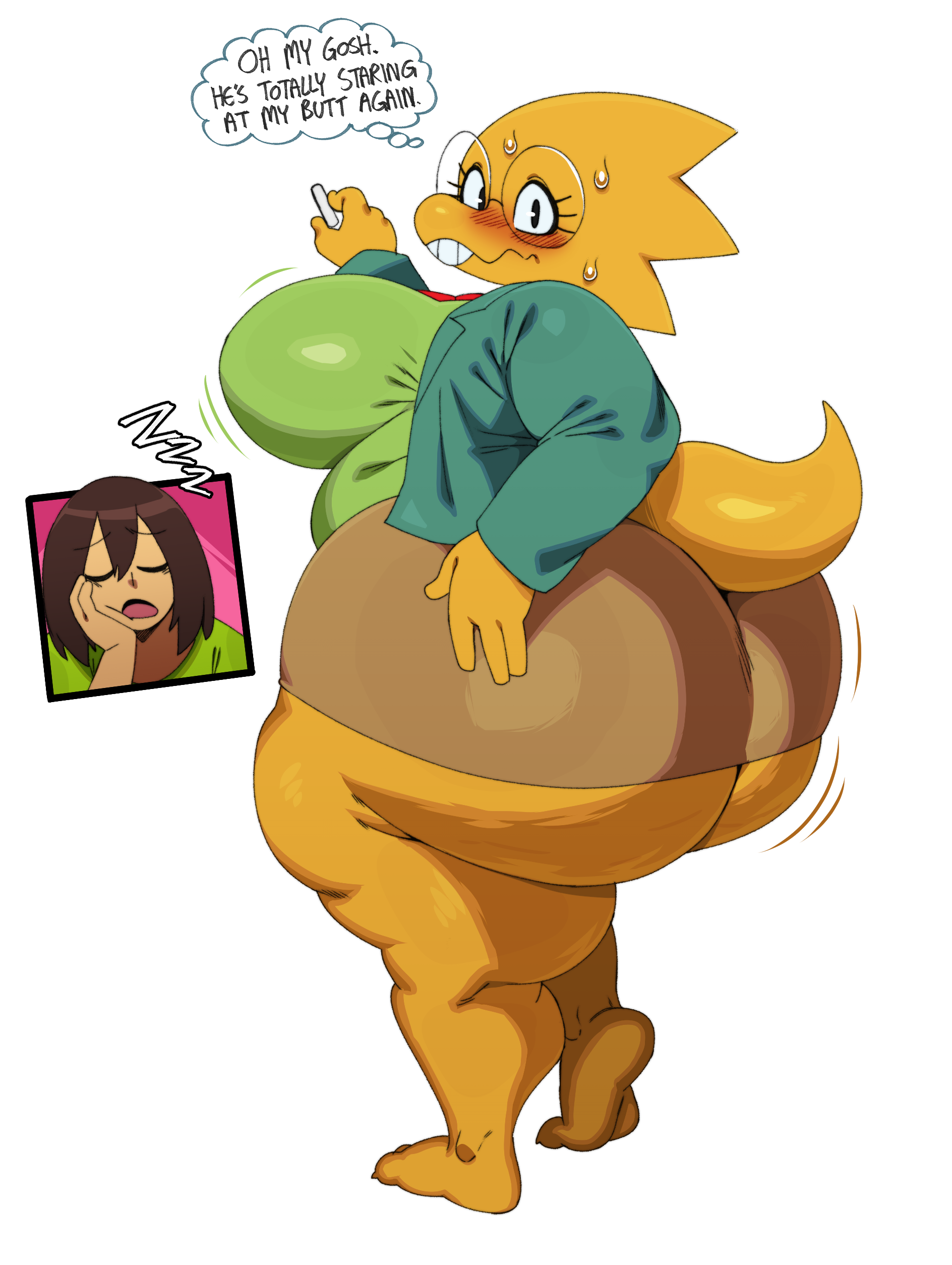 alphys, alphys (deltarune), animal humanoid, animal tail, anthro, anthro female, anthro only, ass, ass bigger than head, big ass, big butt, blush, bubble ass, bubble butt, coat, deltarune, exposed, exposed ass, exposed butt, fat ass, fat butt, female, female focus, female only, glasses, highres, huge ass, huge butt, humanoid, humanoid female, kris (deltarune), lizard, lizard girl, lizard humanoid, looking at viewer, looking back, looking back at viewer, mostly nude, rear view, reptile, reptile humanoid, scalie, simple background, sssonic2, sweat, sweatdrop, sweaty ass, tail, undertale (series), white background