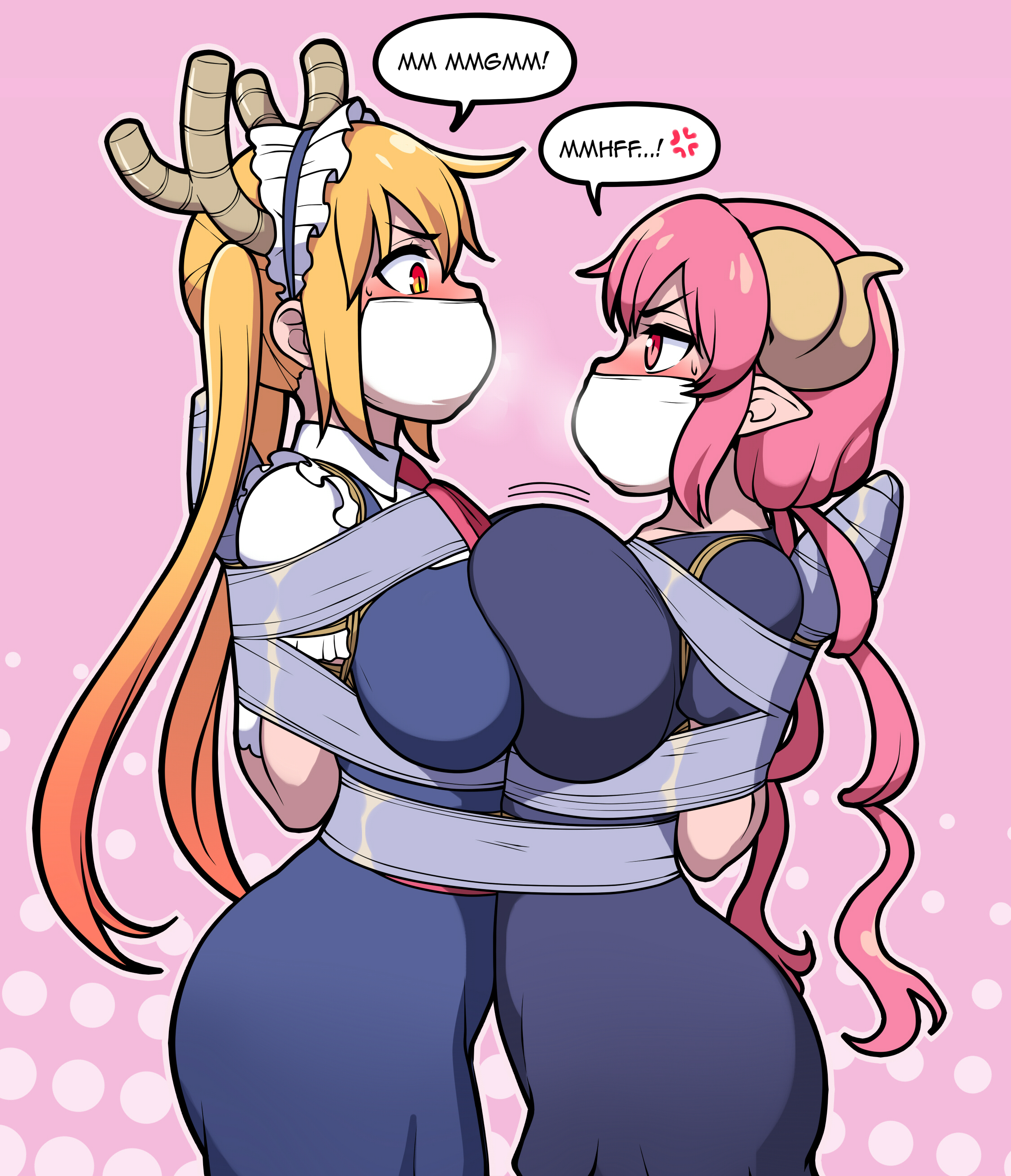 big breasts, black shirt, blonde hair, blush, bondage, breast press, breasts, dragon, dragon girl, dress, dress shirt, female, female only, femsub, gag, gagged, gloves, horns, huge breasts, human, ilulu (dragon maid), jam-orbital, light skin, light-skinned female, maid headdress, miss kobayashi's dragon maid, orange hair, pale skin, pale-skinned female, pink hair, pointy ears, ponytail, purple hair, red eyes, rope bondage, smug, tagme, tape, tape gag, taped hands, taped mouth, tied up, tohru (dragon maid), twintails, two-tone hair, white gloves, yuri