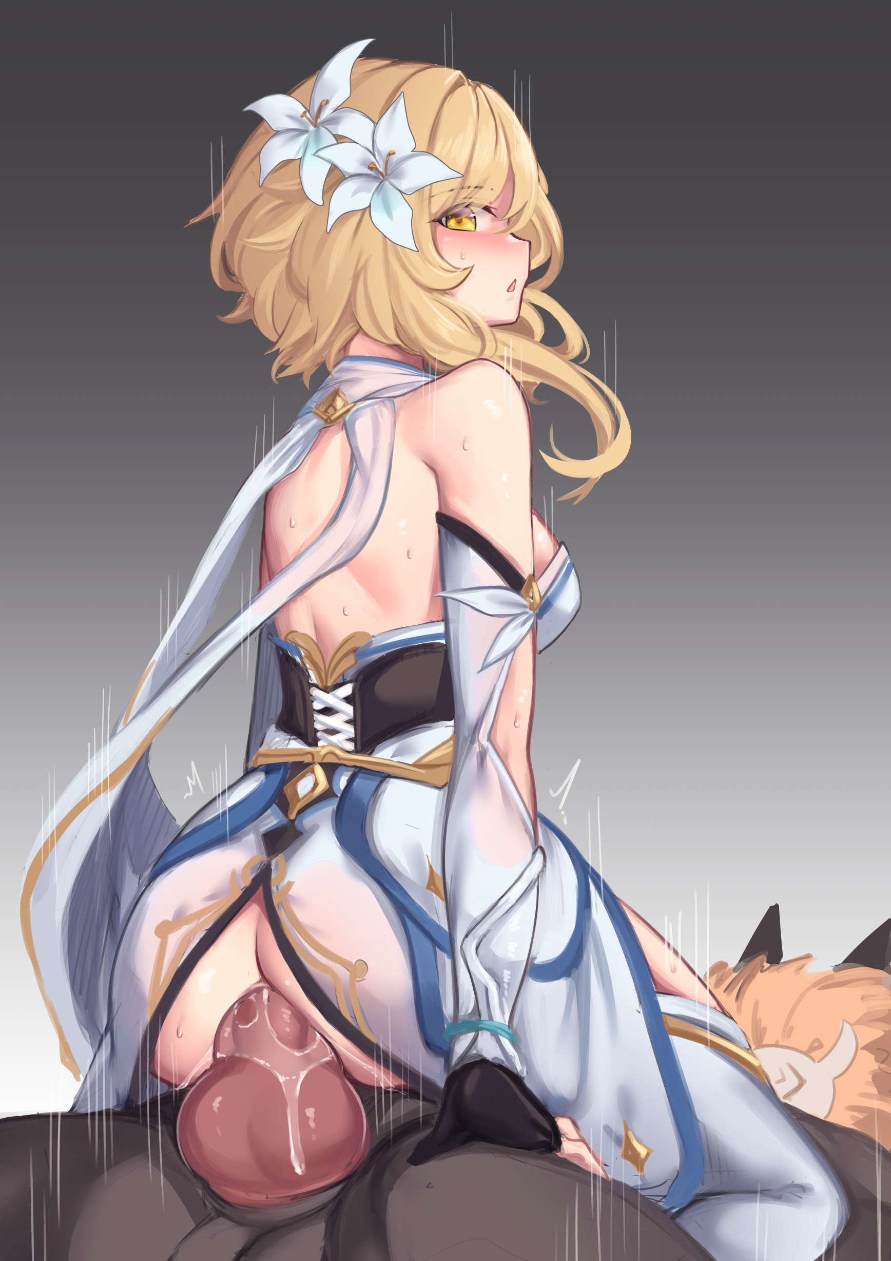 1boy, amazon position, blonde hair, dark-skinned male, female, genshin impact, hilichurls (species), interspecies, looking at viewer, looking back, lumine (genshin impact), male, monster, pussy, vaginal penetration, yellow eyes